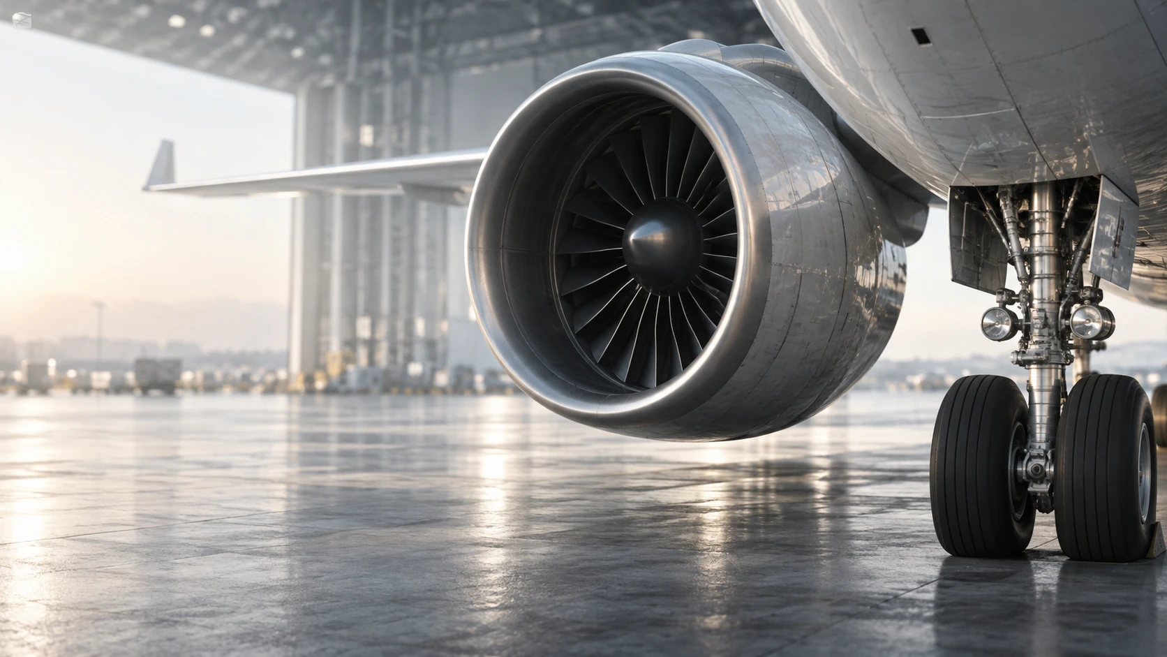 Close detail of a large jet engine nacelle and front landing gear on right, brushed metal, subtle reflections, left dissolving into luminous gray hangar blur, realistic machinery.