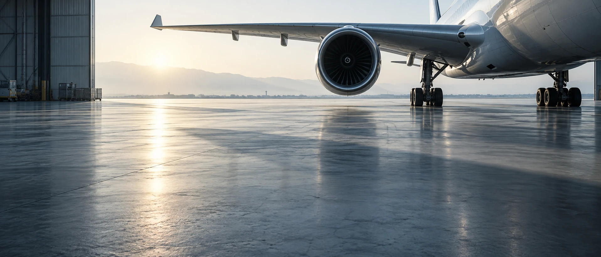 Quiet gray-blue hangar floor with elongated diffused sunlight reflection, a single soft aircraft wing shadow entering from upper right, almost abstract premium industrial backdrop.