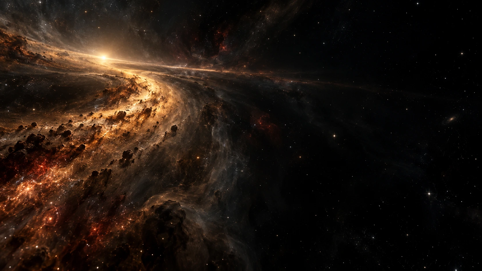 A narrow river of amber interstellar dust curves from the lower left into a distant vanishing point, with a few tiny white stars.
