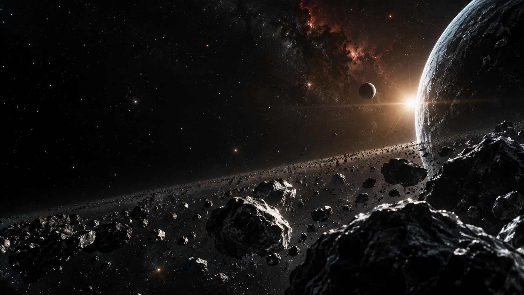 Close perspective along a broken ring of dark icy asteroid fragments, rimlit cold white, crossing the lower third of deep space.