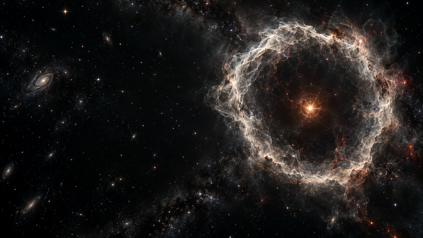 A delicate expanding ivory supernova shell like a fine smoke ring floats off-center on charcoal space, with an ember at its heart.