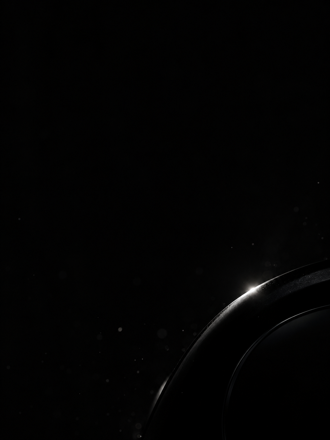 One tiny brilliant white specular glint on an almost invisible black metal curve near the lower right, barely visible scattered dust.