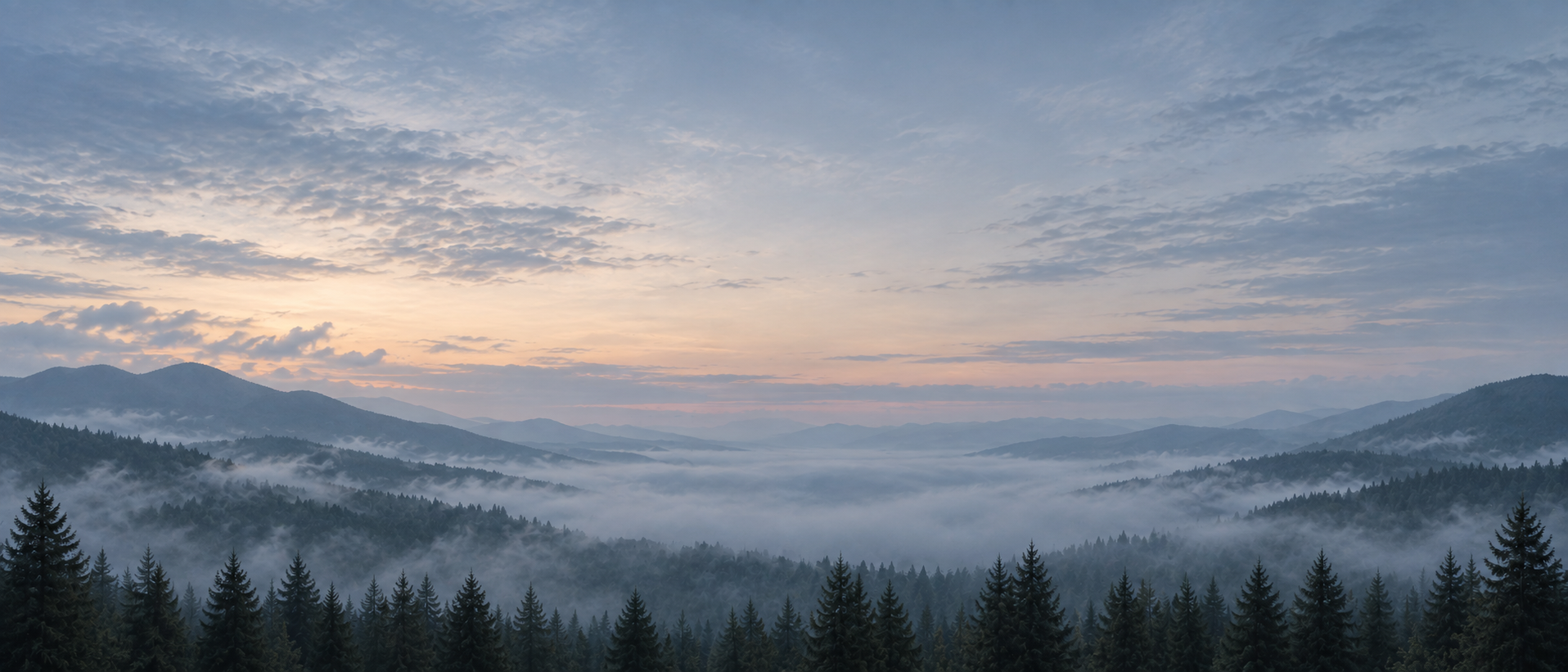 Layered mountain ridges fading into the distance. Closing call-to-action or signup section.