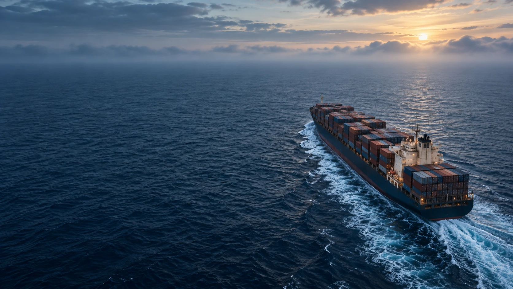 Immense North Atlantic at dawn, realistic container ship lower right, cream aft superstructure and muted rust-red and blue stacks, long fine white wake, left 60 percent open navy water, silver marine haze on the horizon.