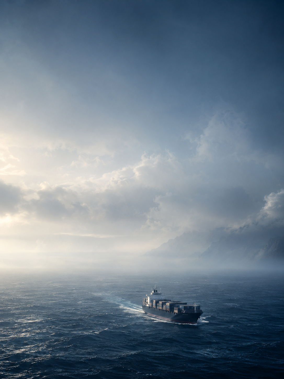 A distant cargo vessel near the bottom below a huge vertical expanse of silver-blue marine haze and midnight ocean, calm clean upper half for mobile headline.