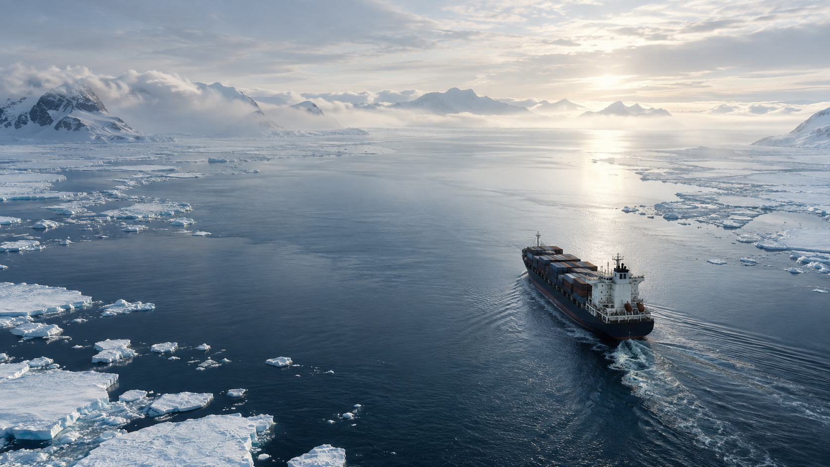 A distant freight ship lower right entering a pale arctic sea channel, softly luminous ice floes at the edges, clear blue-silver center, realistic navigation scale.