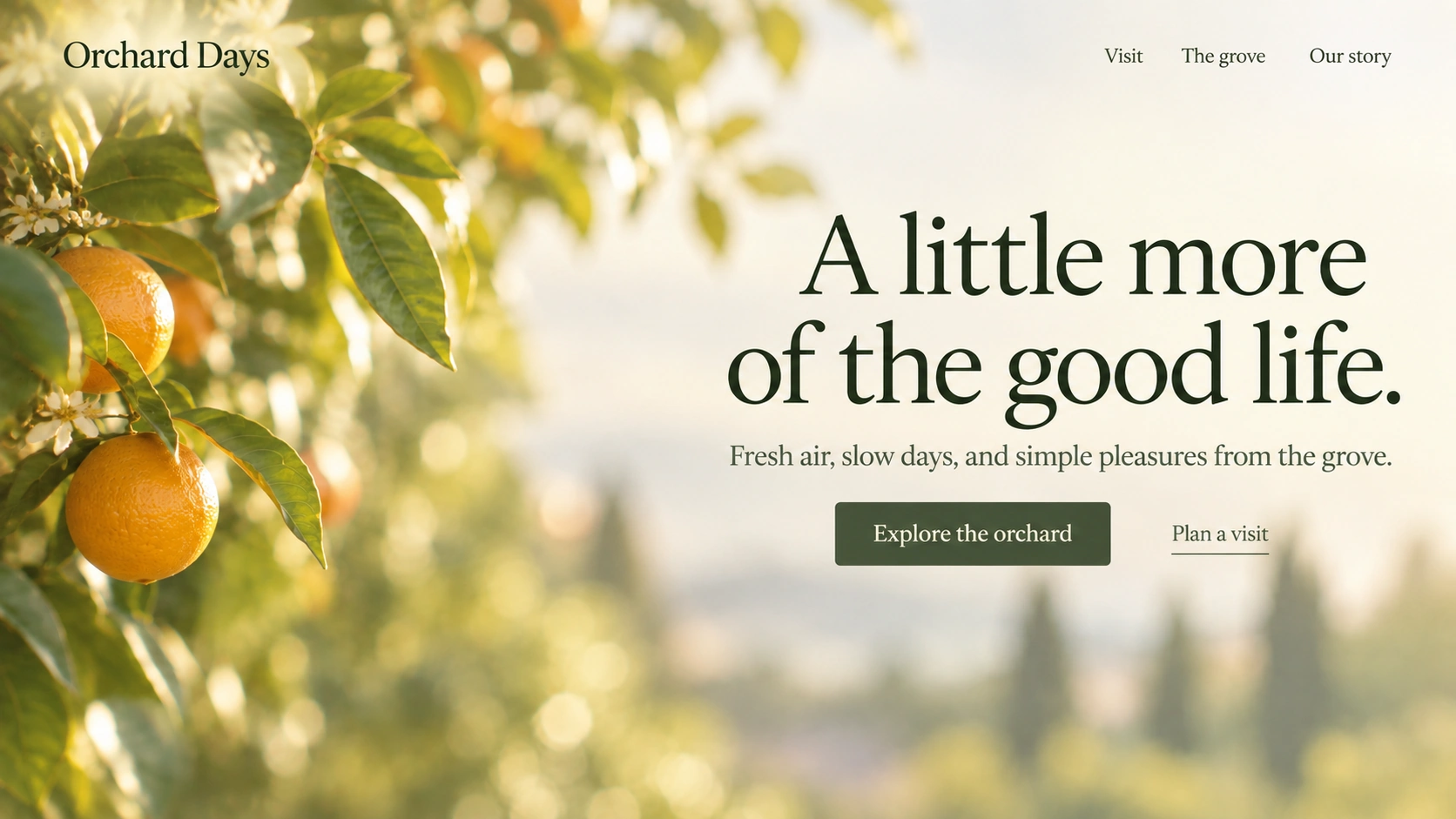 Orchard Days · Orchard stays and seasonal experiences. Static website hero mockup using Citrus garden imagery.