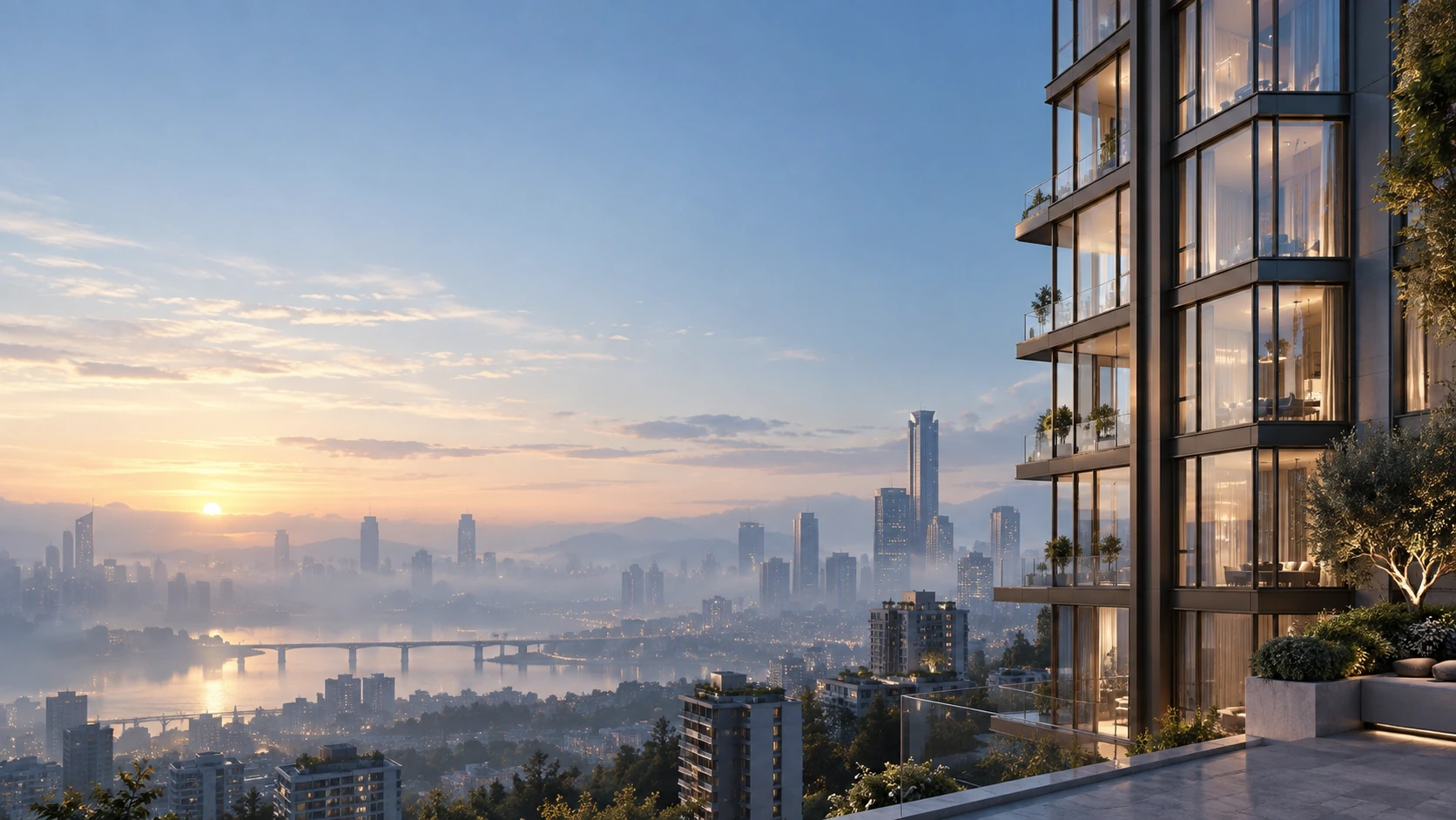 Elegant slender bronze-glass residential tower occupying RIGHT third, seen from a quiet elevated urban terrace at dawn, left 60 percent softly misty blue skyline and open sky.