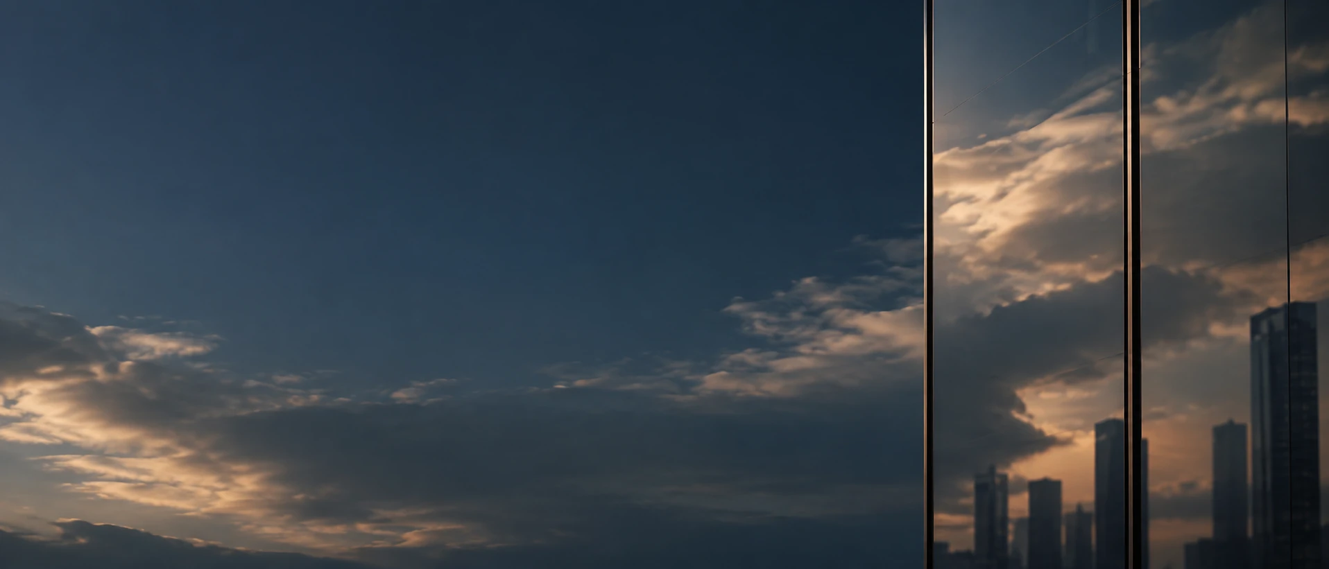 Abstract soft reflection of pale cloud across dark bronzed architectural glass, only two fine vertical mullions at far right, calm low-detail midnight-blue background.