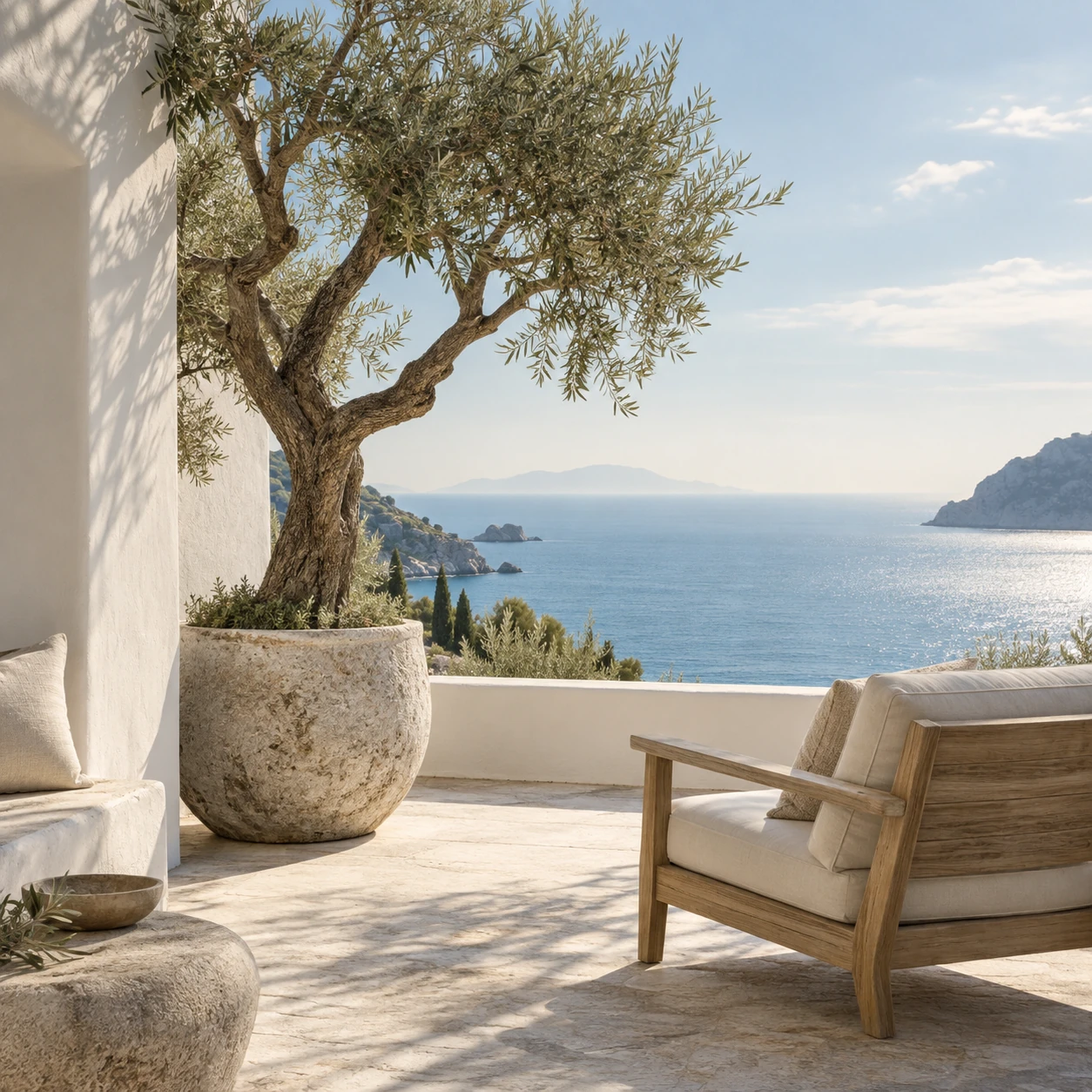 White plaster terrace corner, one sculptural olive tree in natural stone planter, luminous sea beyond and pale oak outdoor chair, restrained composition.