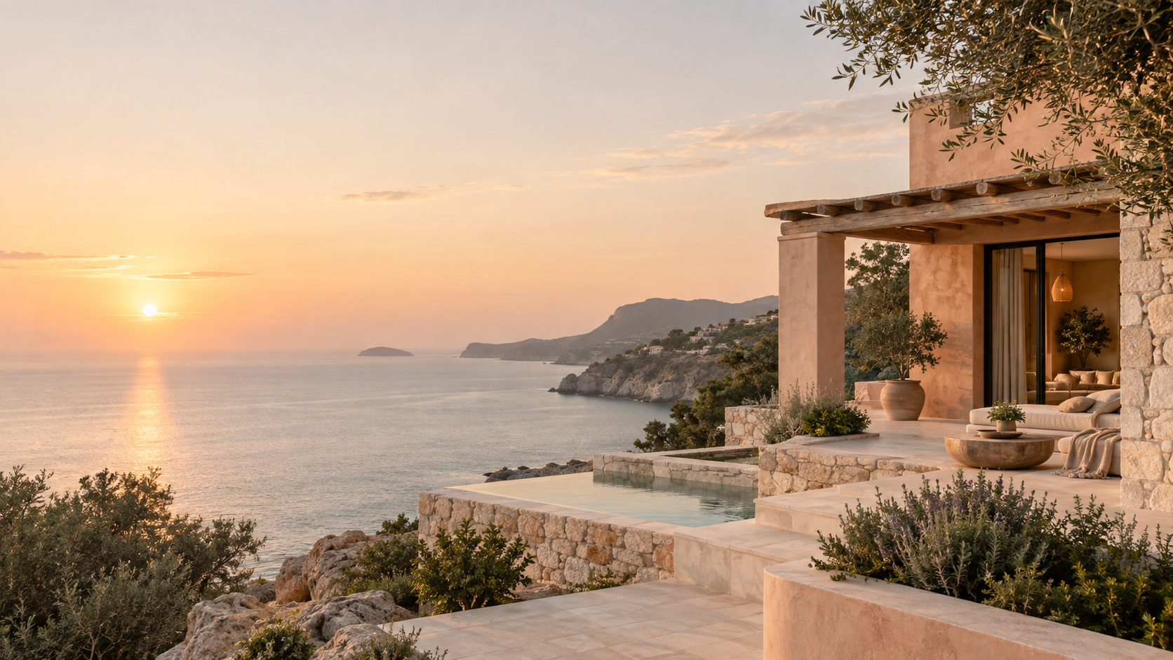 Warm sunset coastal house in pale terracotta plaster and cream stone, sea-glass ocean beyond, soft apricot light without saturated orange, architecture on right.