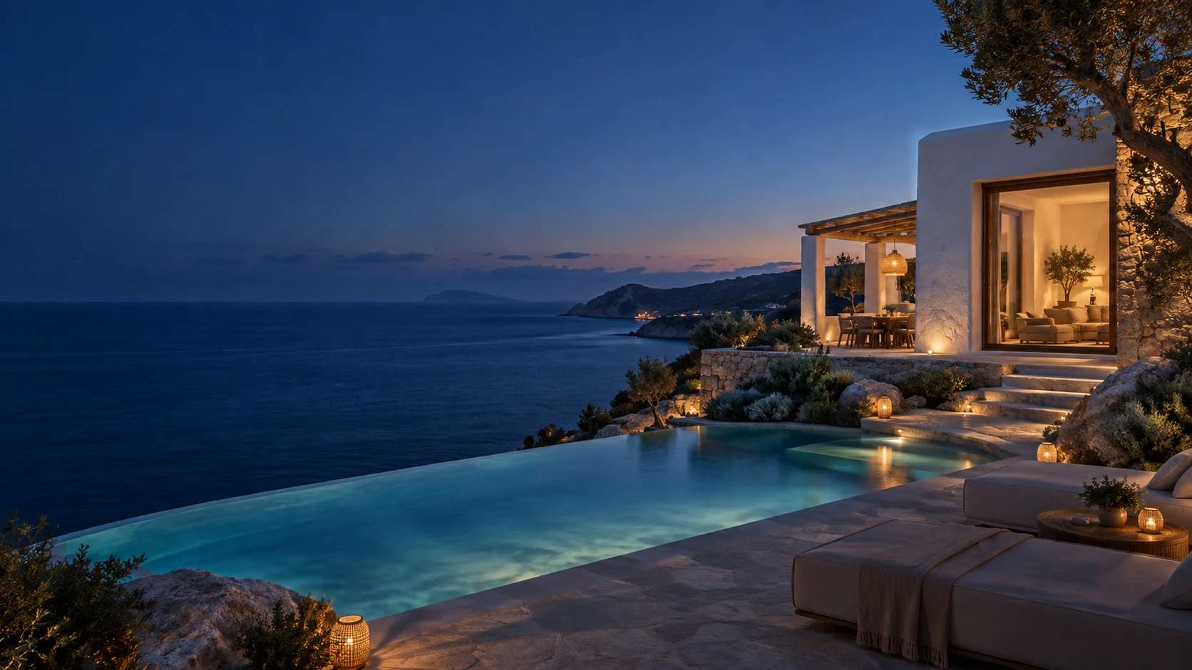 White coastal villa at blue hour with a warm glowing interior, indigo ocean and softly lit pool, refined dark navy open space on left.
