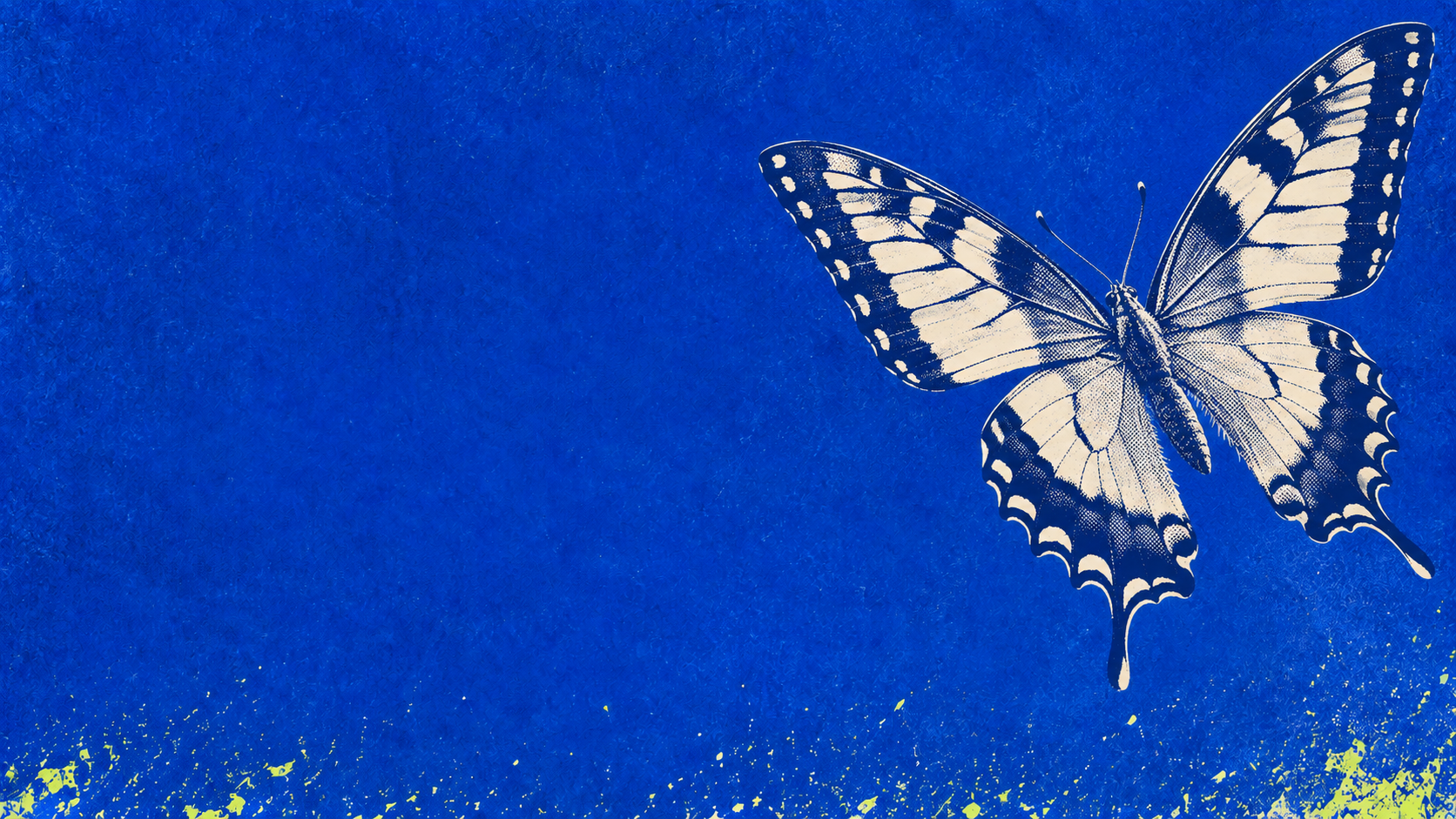 Cobalt halftone butterfly. Ivory wildlife in striking cobalt screenprint.