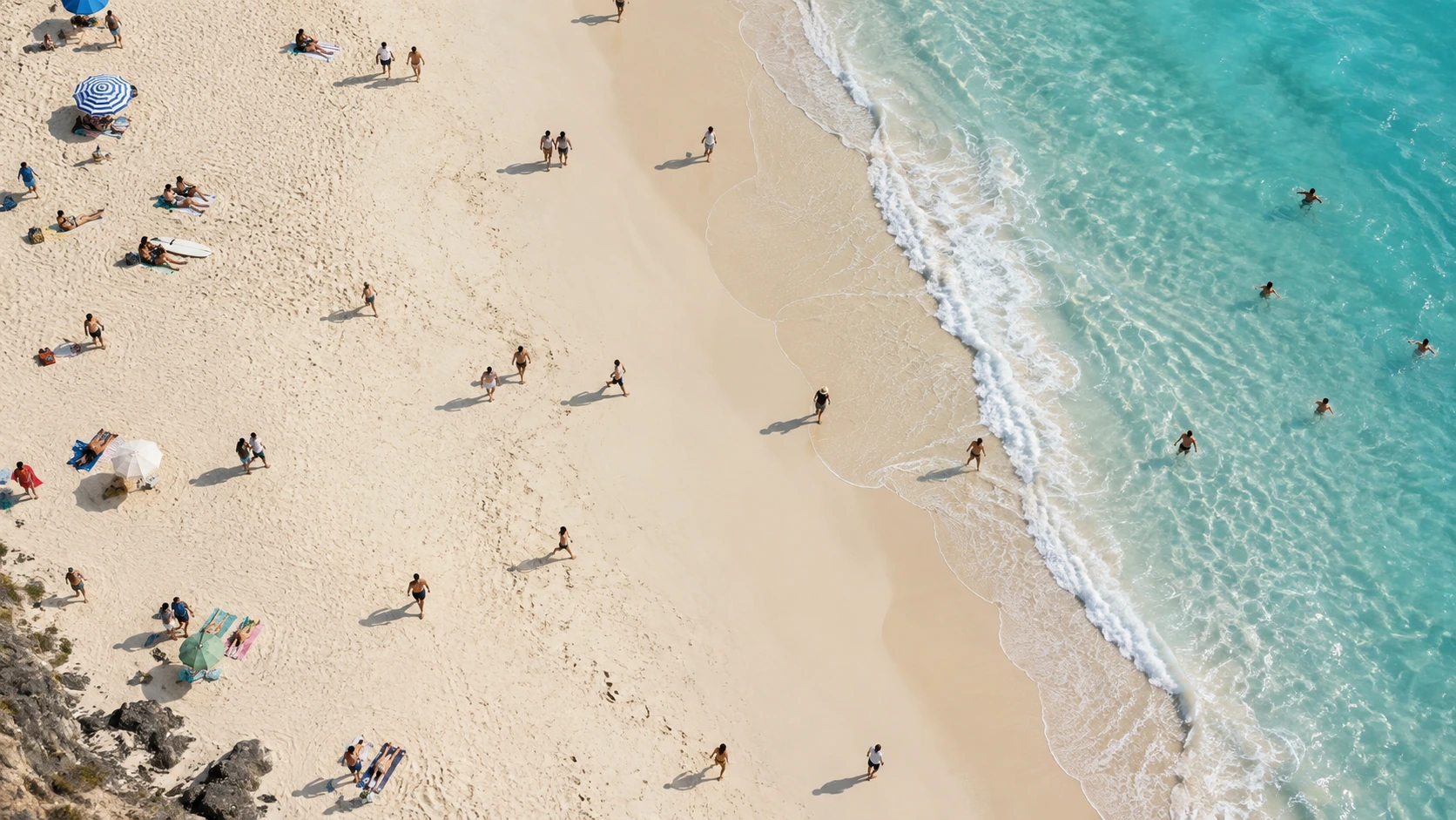 Overhead coastal view of tiny people scattered naturally along a broad pale sand shoreline, turquoise water occupying only the far right edge.