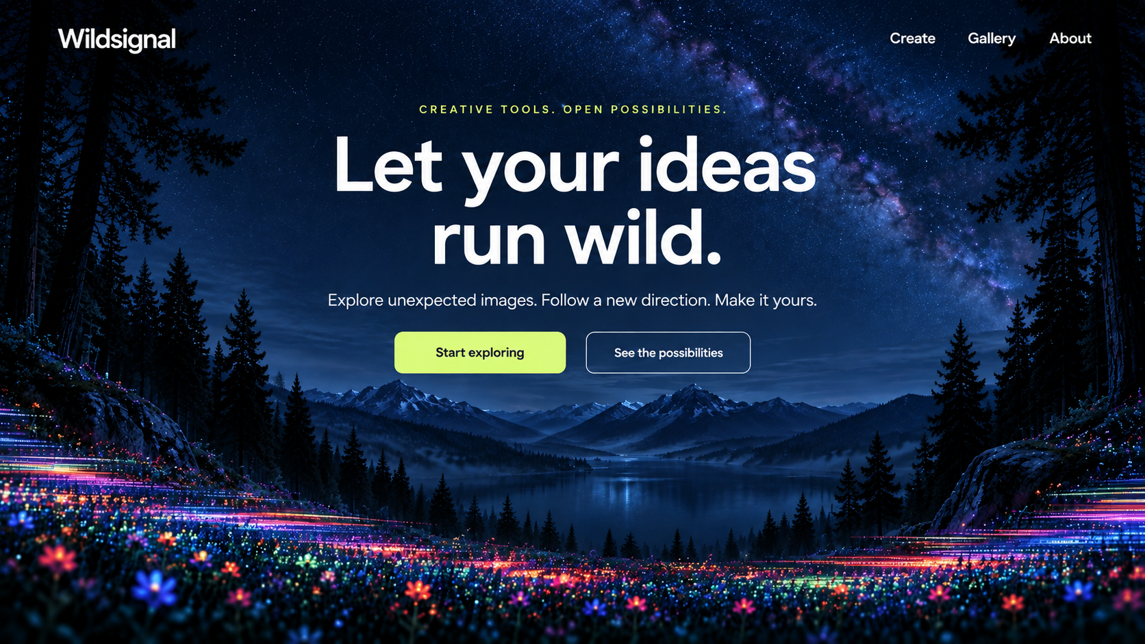 Wildsignal · Experimental creative AI tool. Static website hero mockup using Digital wildflower forest imagery.