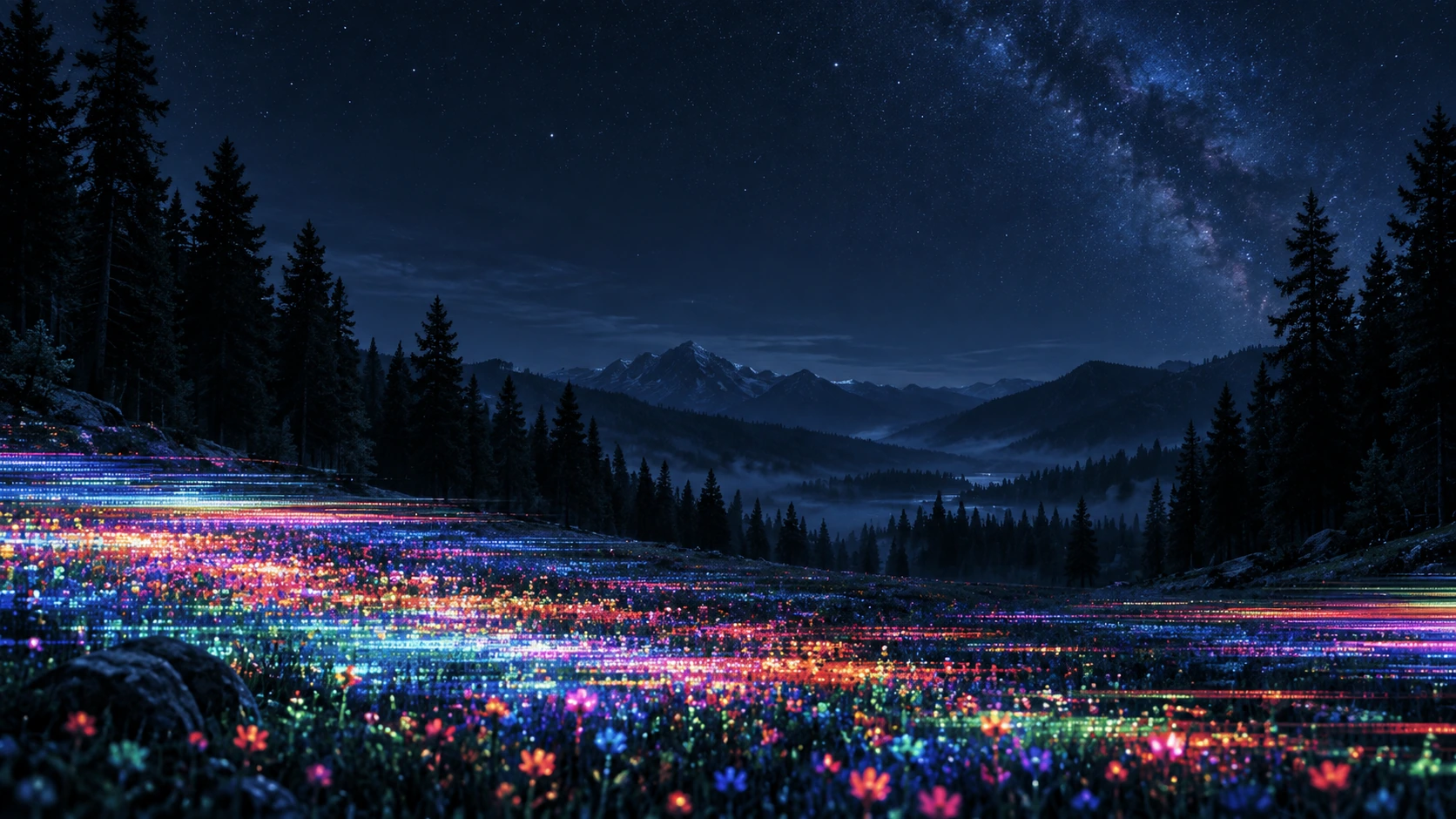 An imaginative forest of luminous digital wildflowers. Main background.