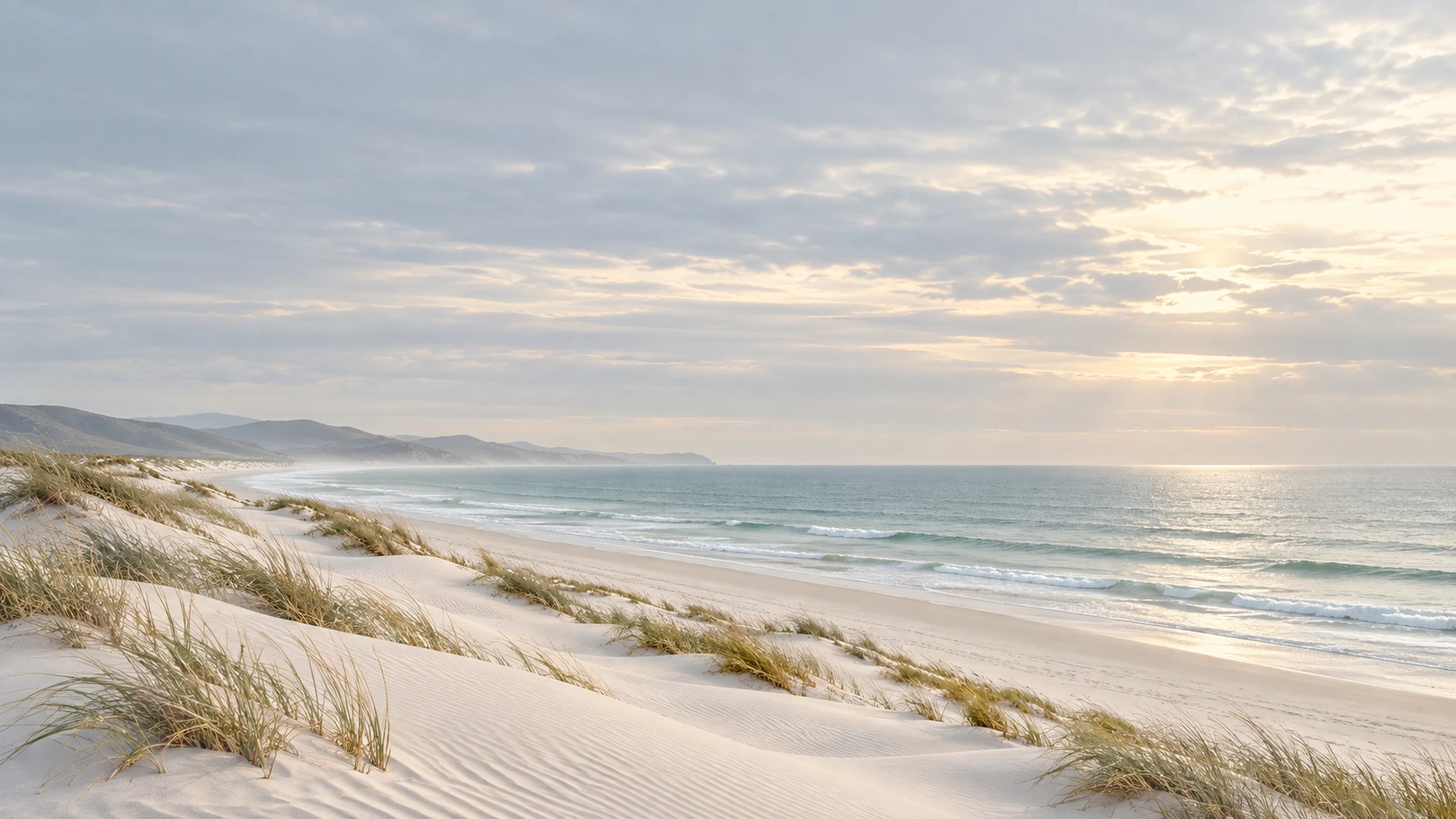Coastal dunes meeting bright sky and open sea. Secondary color treatment within the same collection.