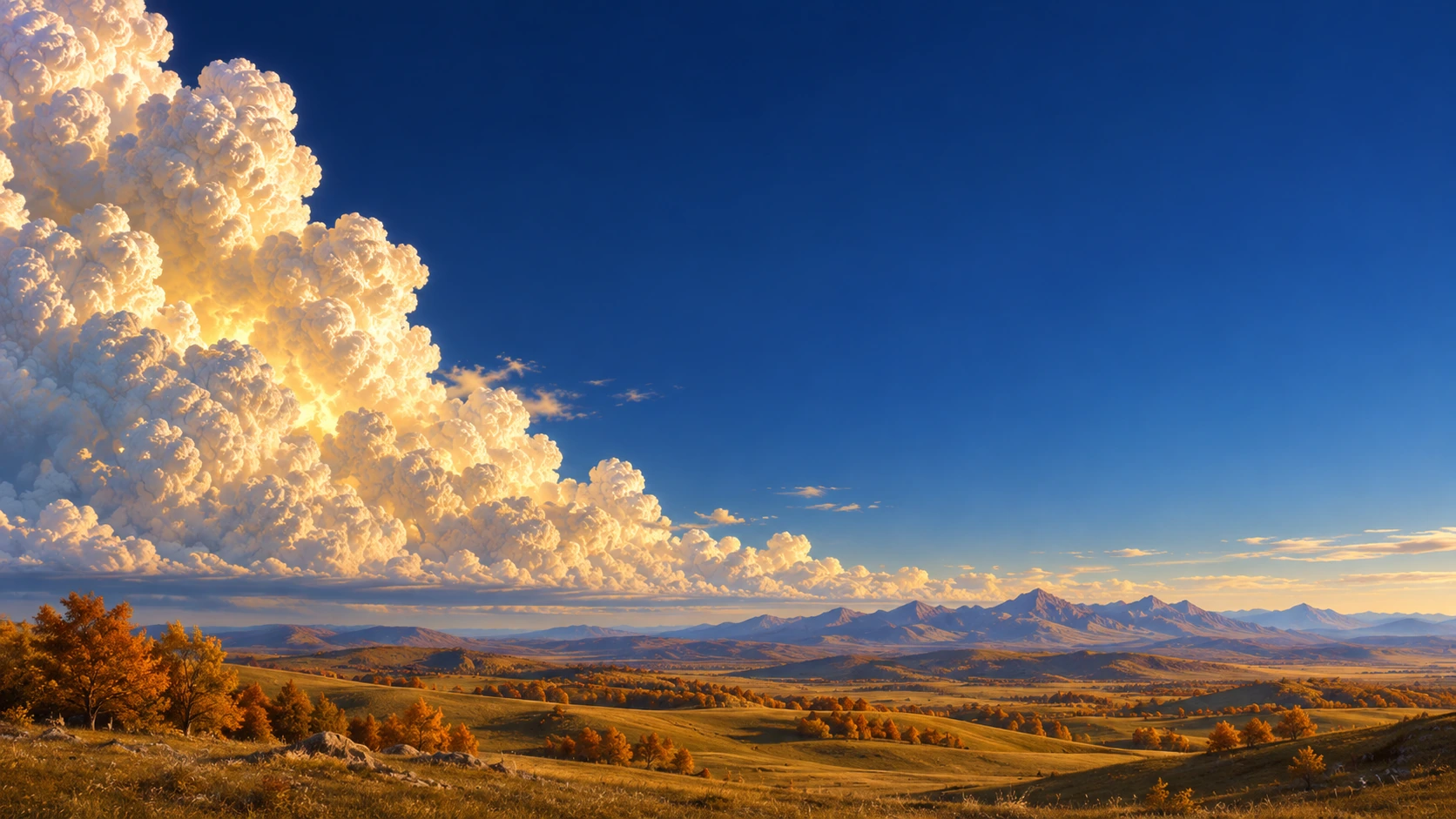 Golden clouds above a sunlit mountain landscape