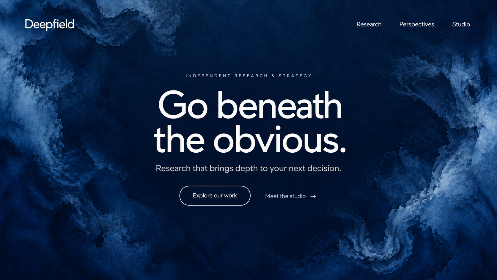Deepfield · Independent research studio. Static website hero mockup using Indigo ink tide imagery.