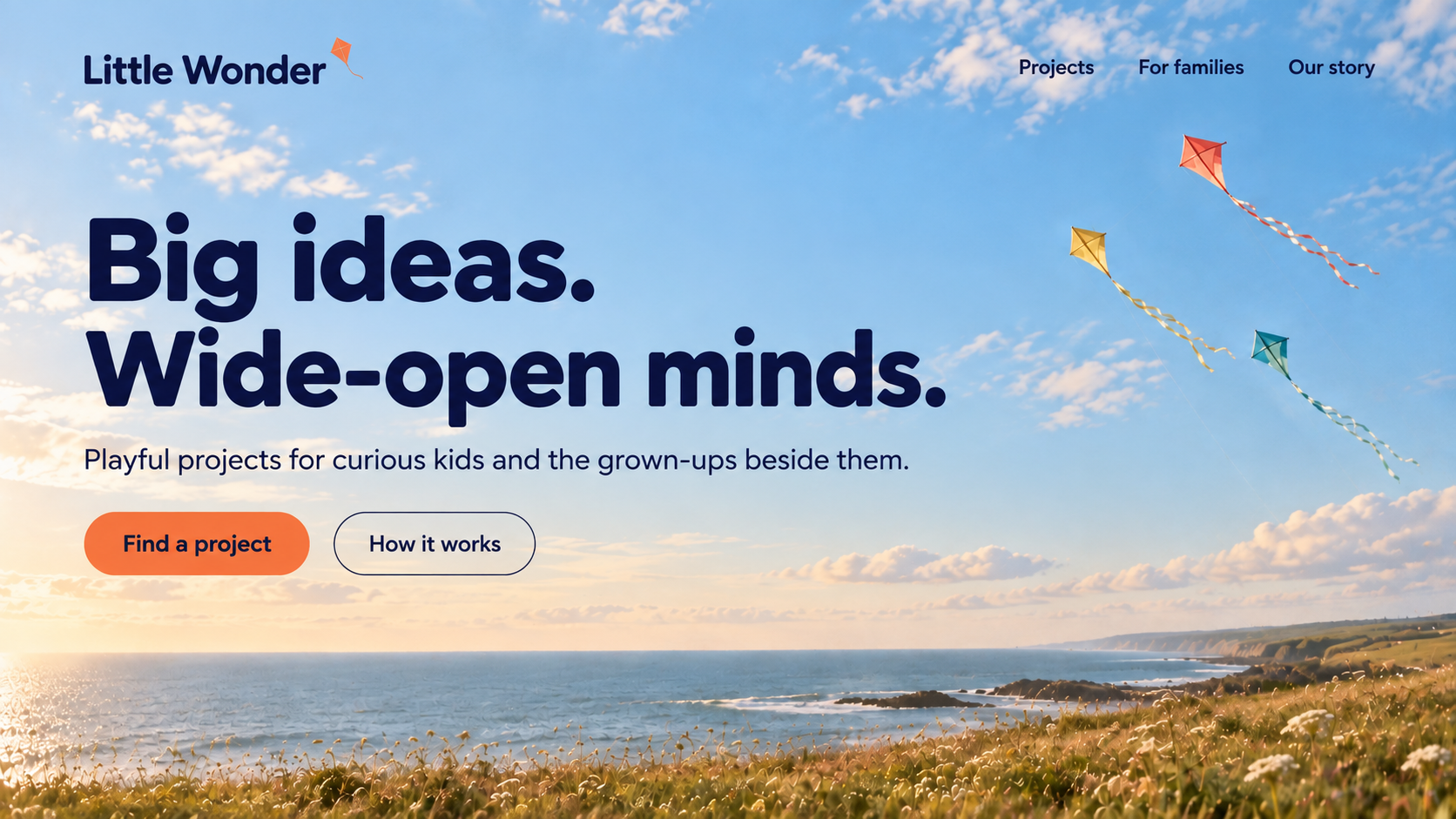 Little Wonder · Creative learning for children. Static website hero mockup using Kites & curiosity imagery.