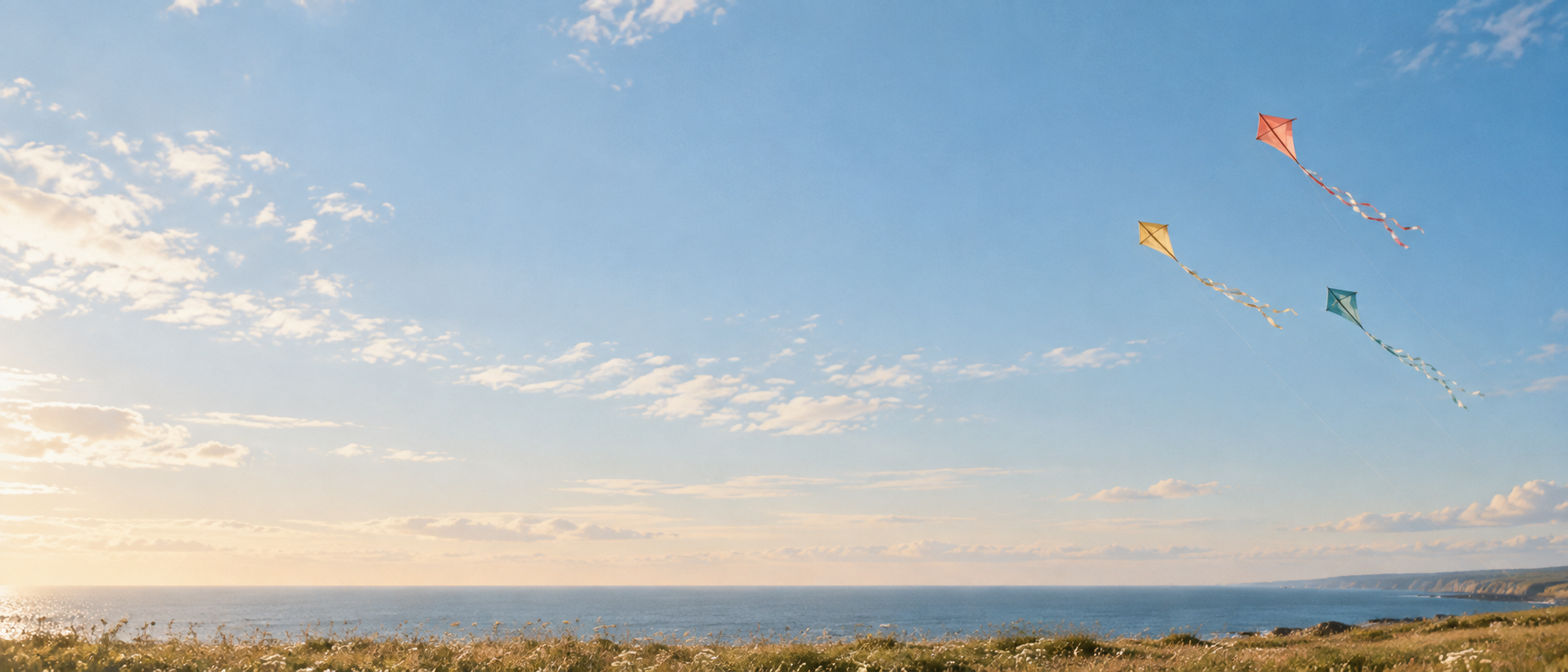 Playful kites and a wide-open sky. Main background.
