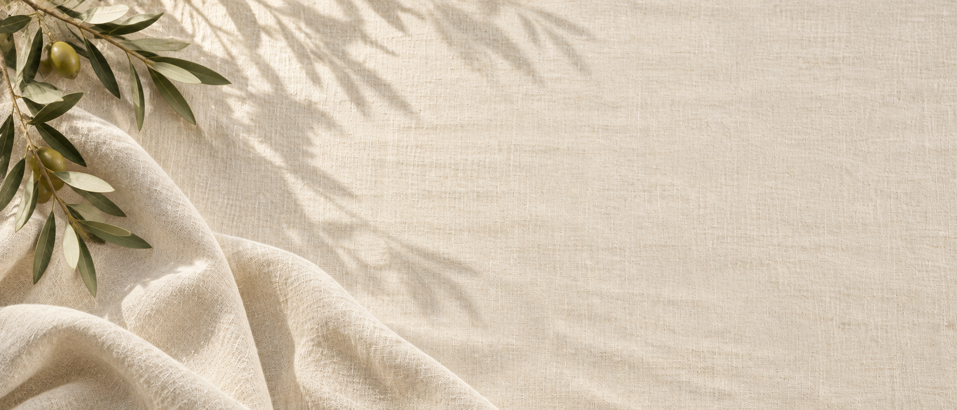 Soft linen folds and gentle olive morning light. Alternate hero with copy on right.