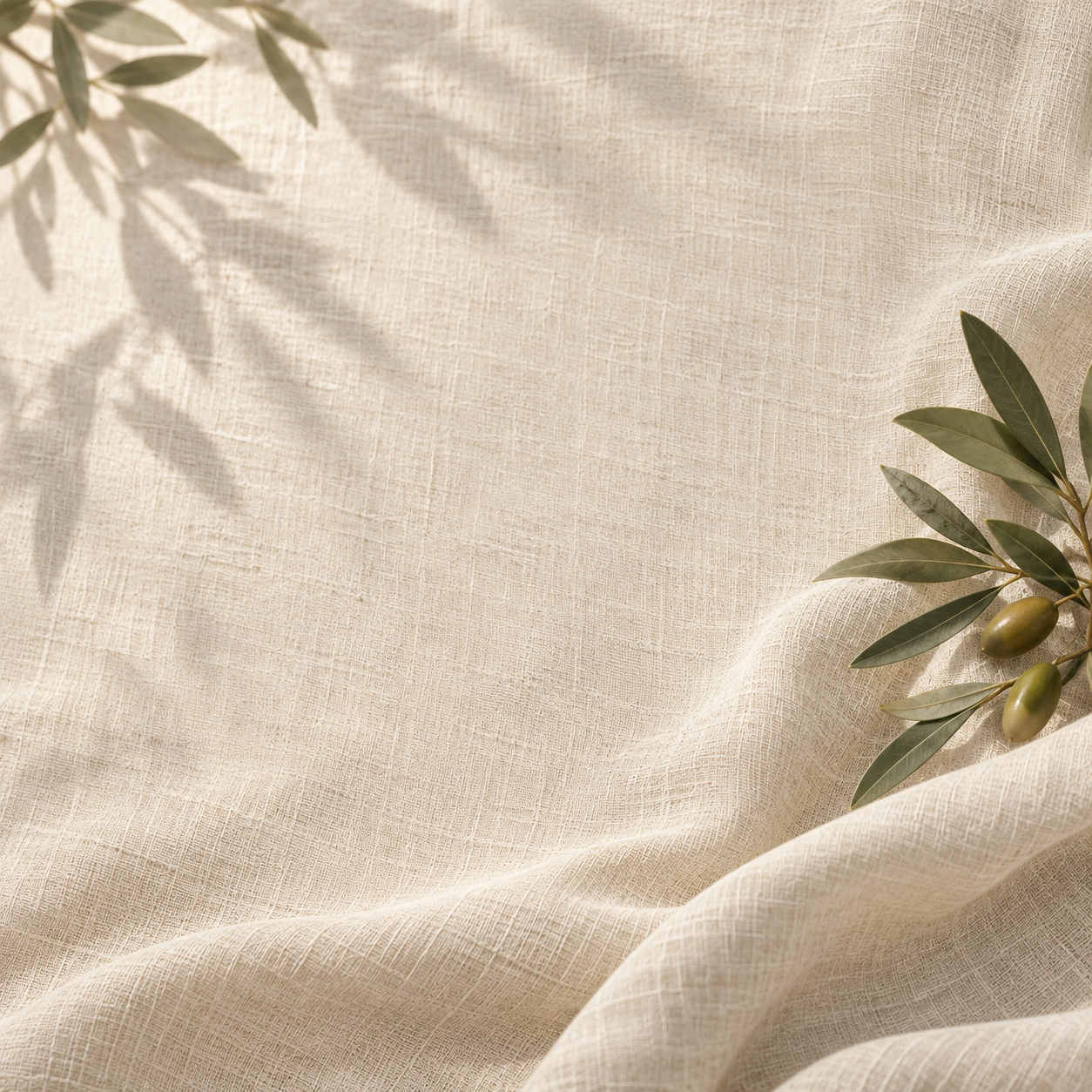 Soft linen folds and gentle olive morning light. Square editorial or social card.