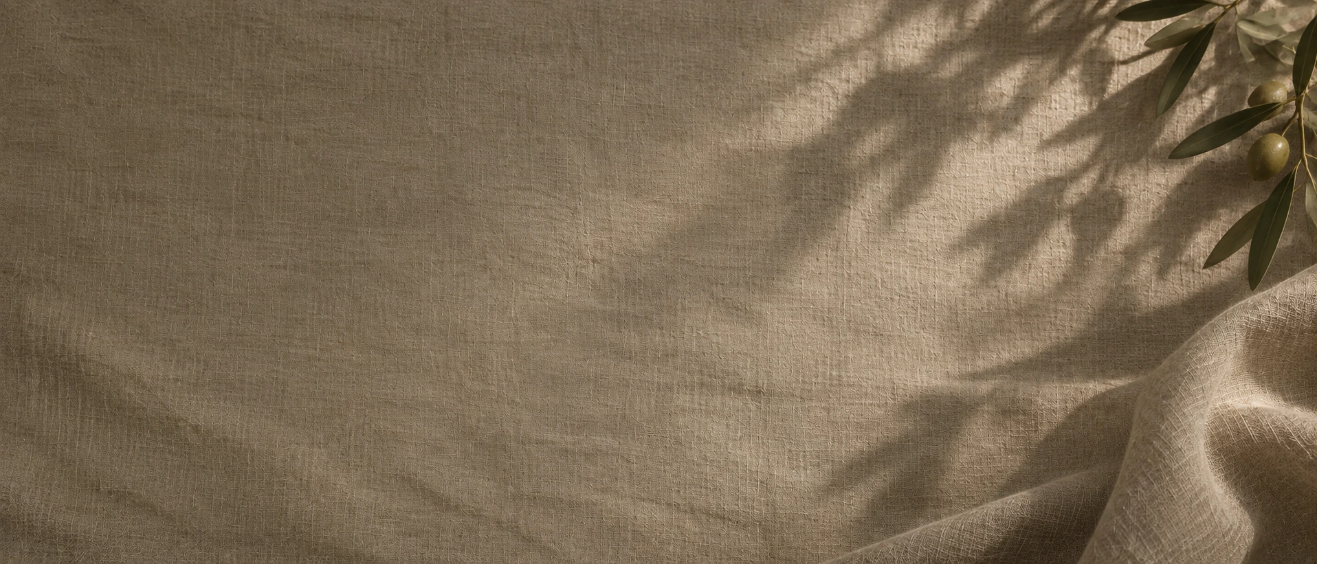 Soft linen folds and gentle olive morning light. Darker section background.