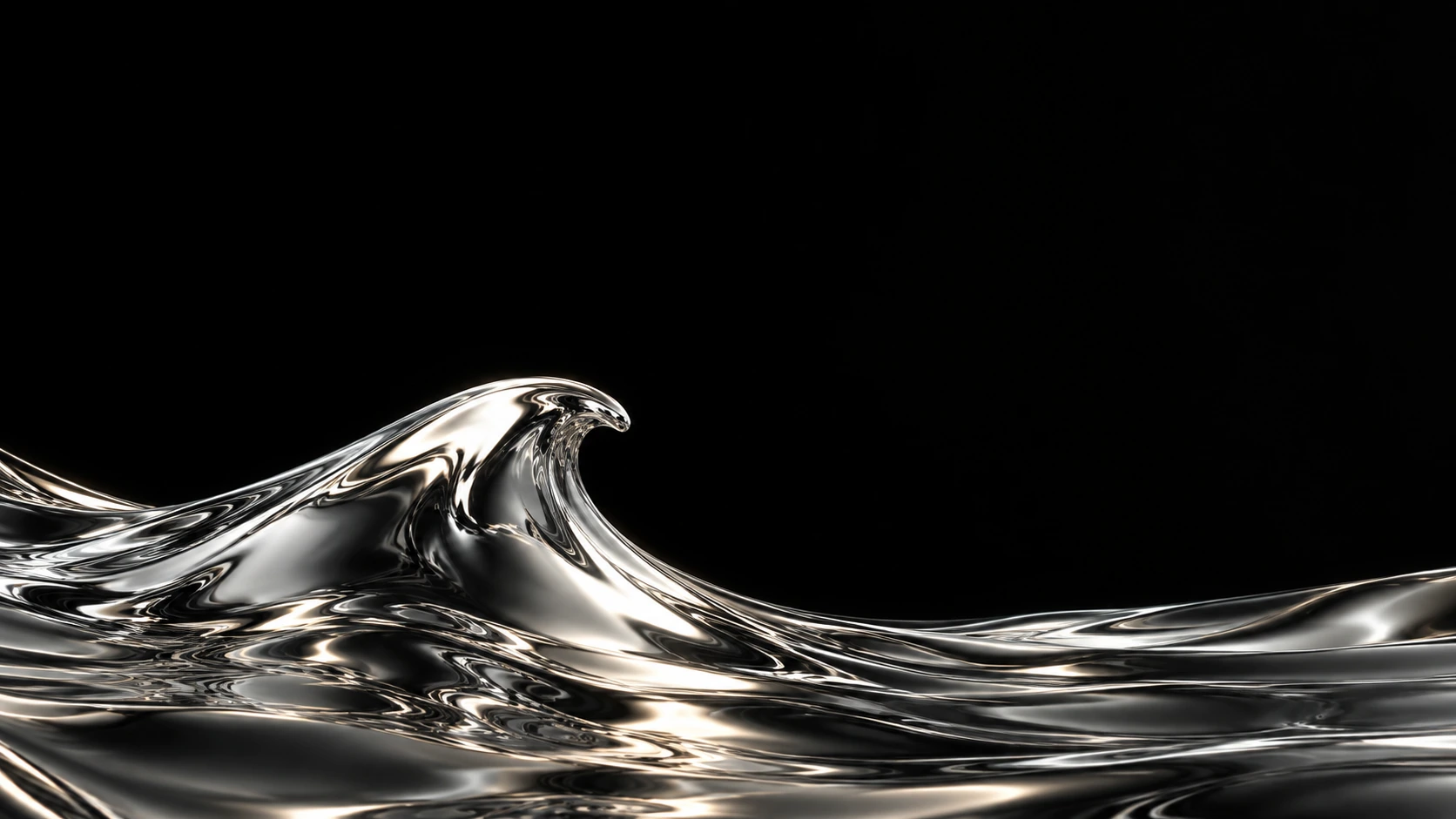 A low wave of mirror-bright liquid metal rises along the bottom edge, fine ripples and one clean crest, deep black space above.