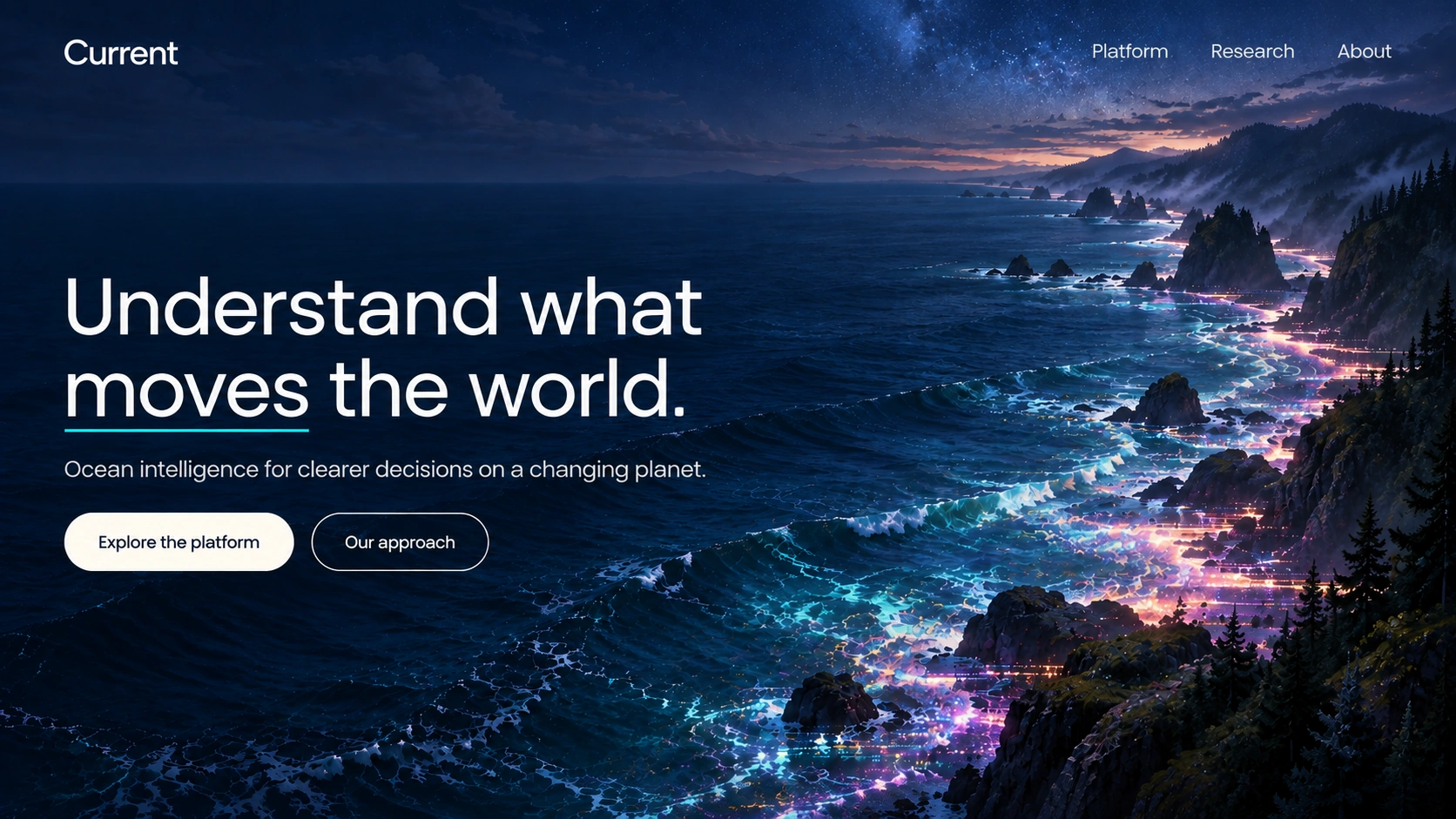 Current · Ocean intelligence platform. Static website hero mockup using Luminous tidal data imagery.