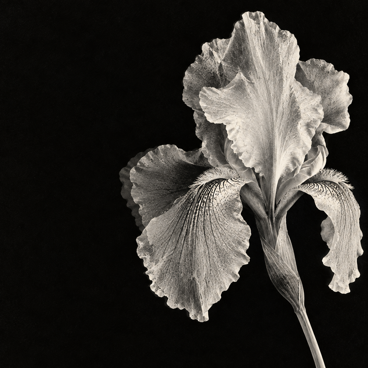 A luminous monochrome iris in a deep xerographic black. Square social or content card.