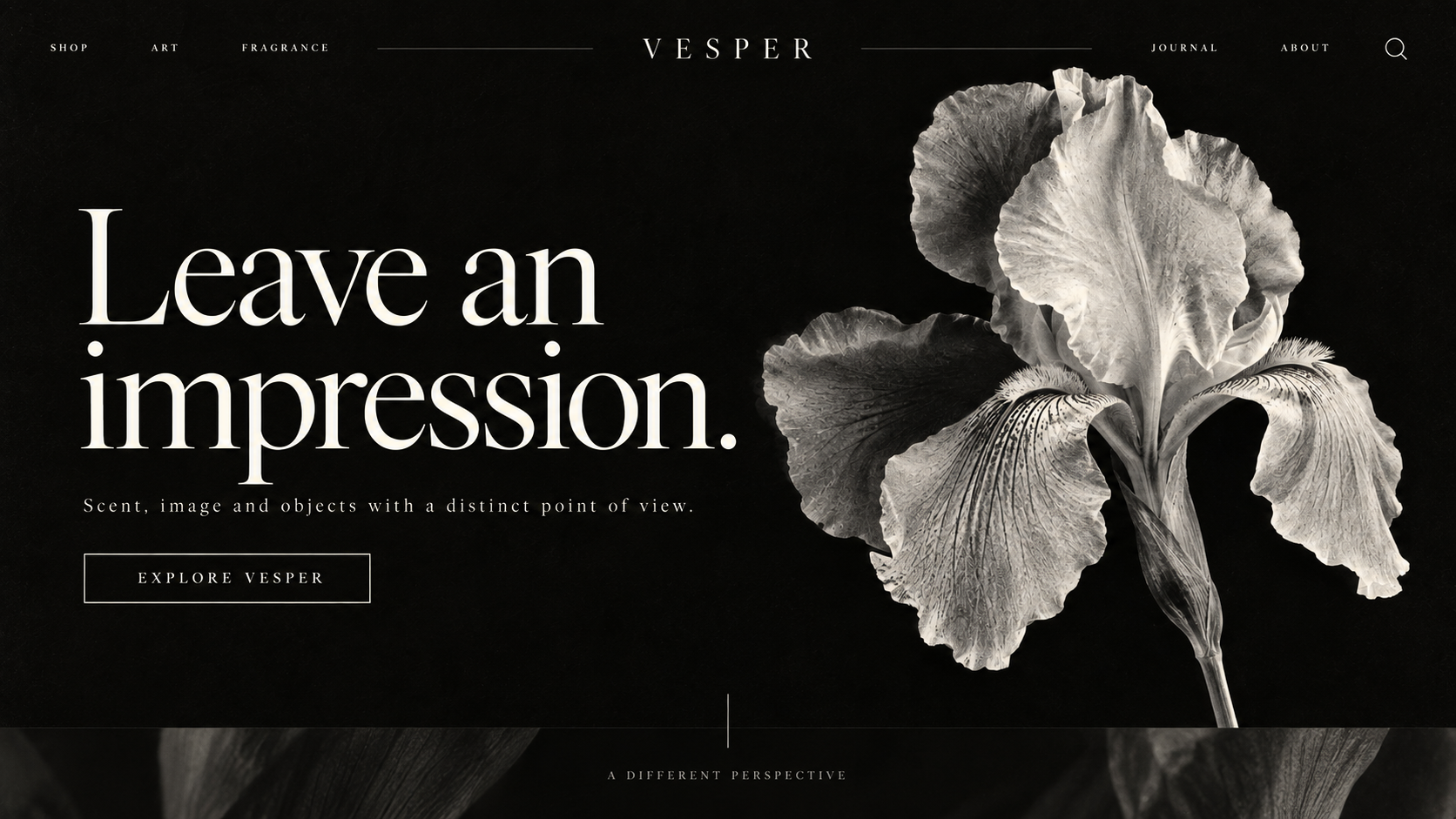 VESPER · Independent art and fragrance house. Static website hero mockup using Midnight iris imagery.