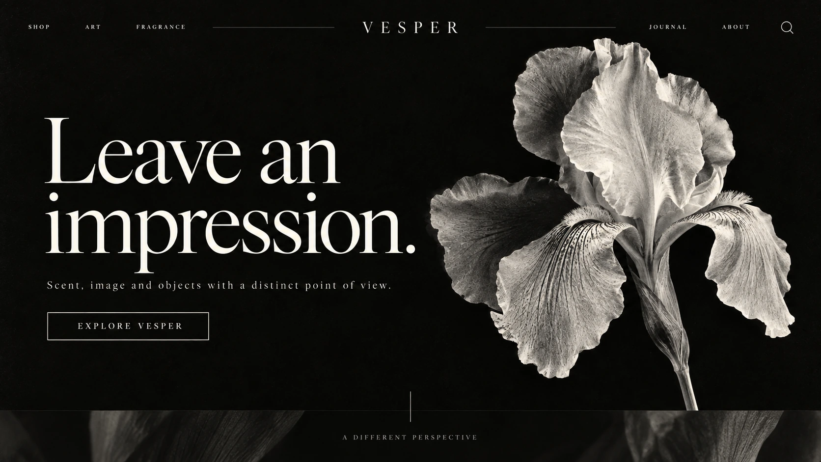 VESPER · Independent art and fragrance house. Static website hero mockup using Midnight iris imagery.