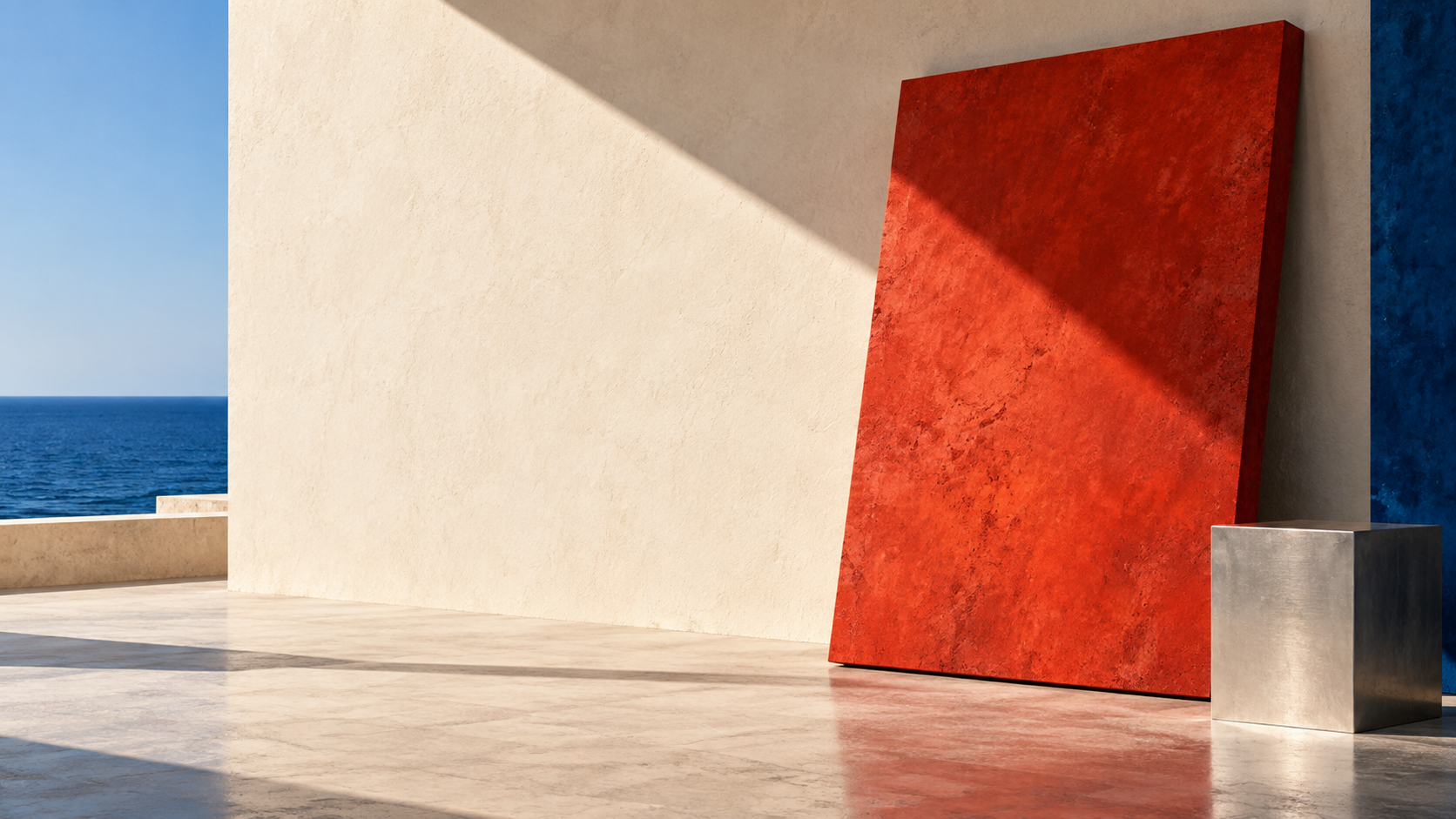 One enormous vermilion rectangular slab leans against a warm off-white wall on the right, a crisp diagonal shadow across its surface.