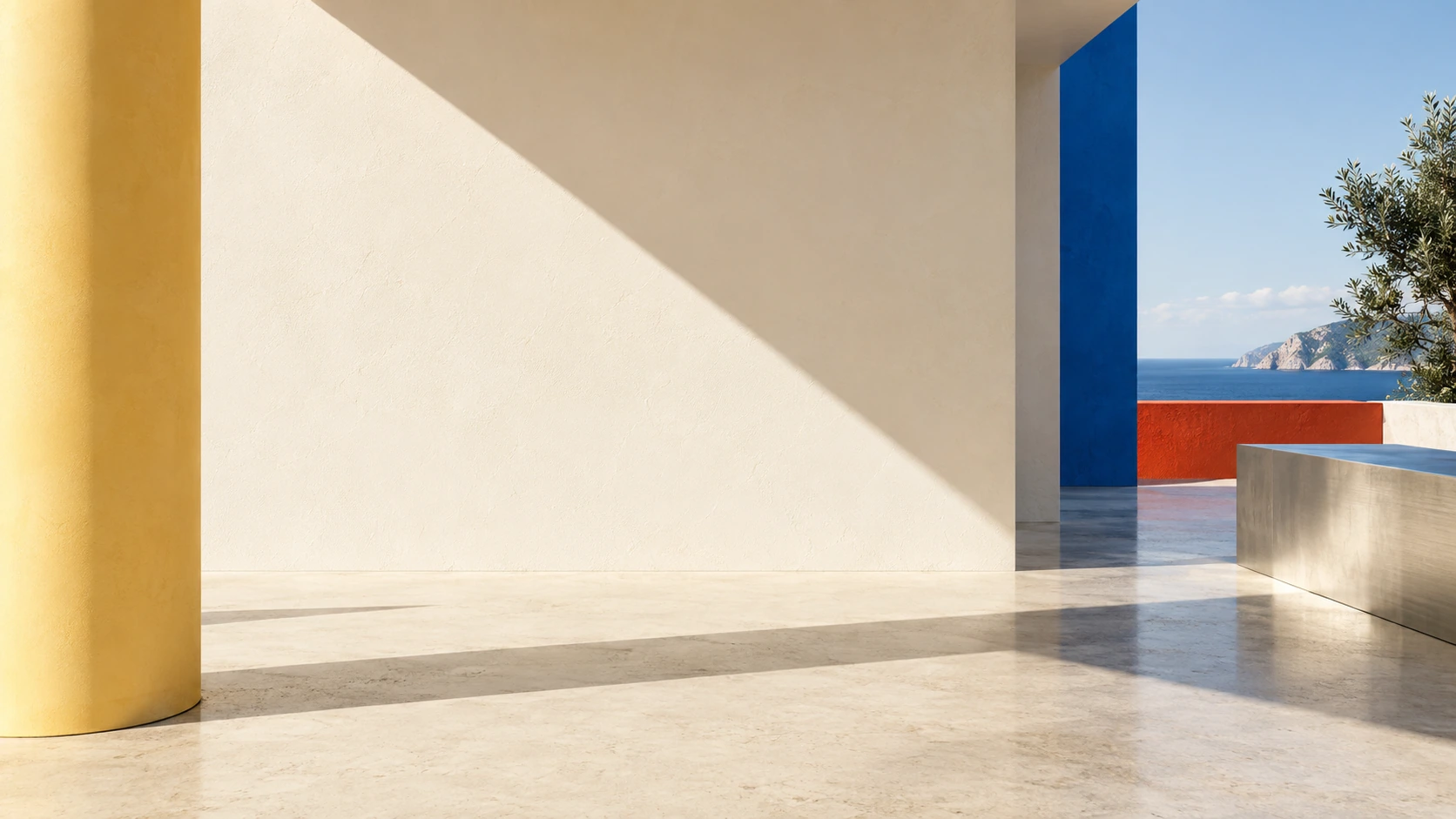 A matte butter-yellow cylindrical column stands at the left edge of an otherwise empty ivory architectural space.