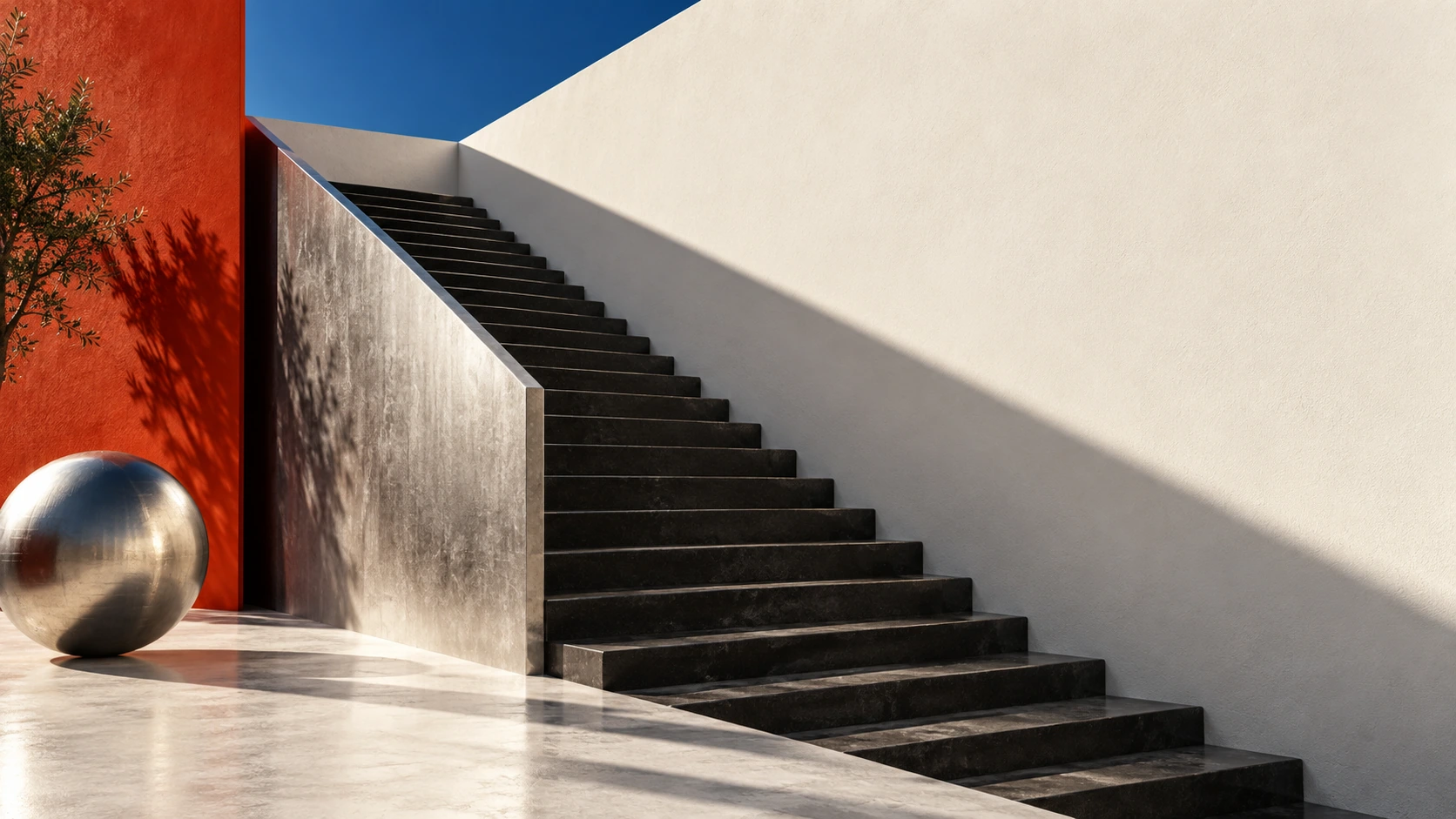 A broad black sculptural staircase rises from the lower right into a clean white space, repeating deep graphic shadows.
