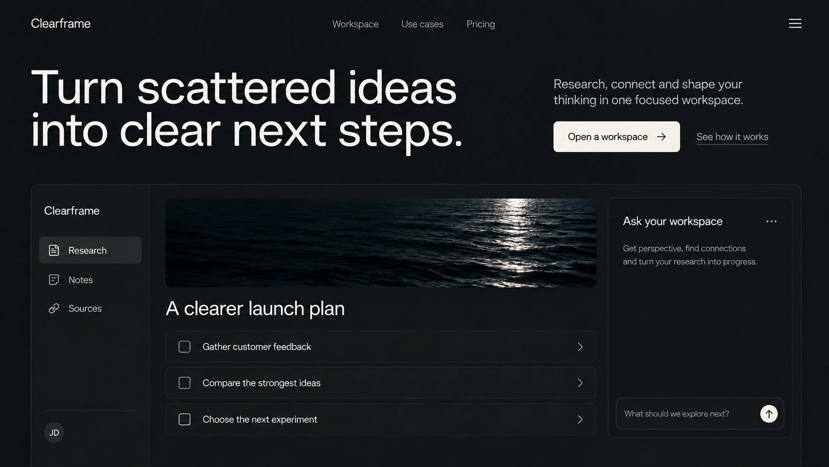 Clearframe · AI research workspace. Static website hero mockup using Moonlit water imagery.