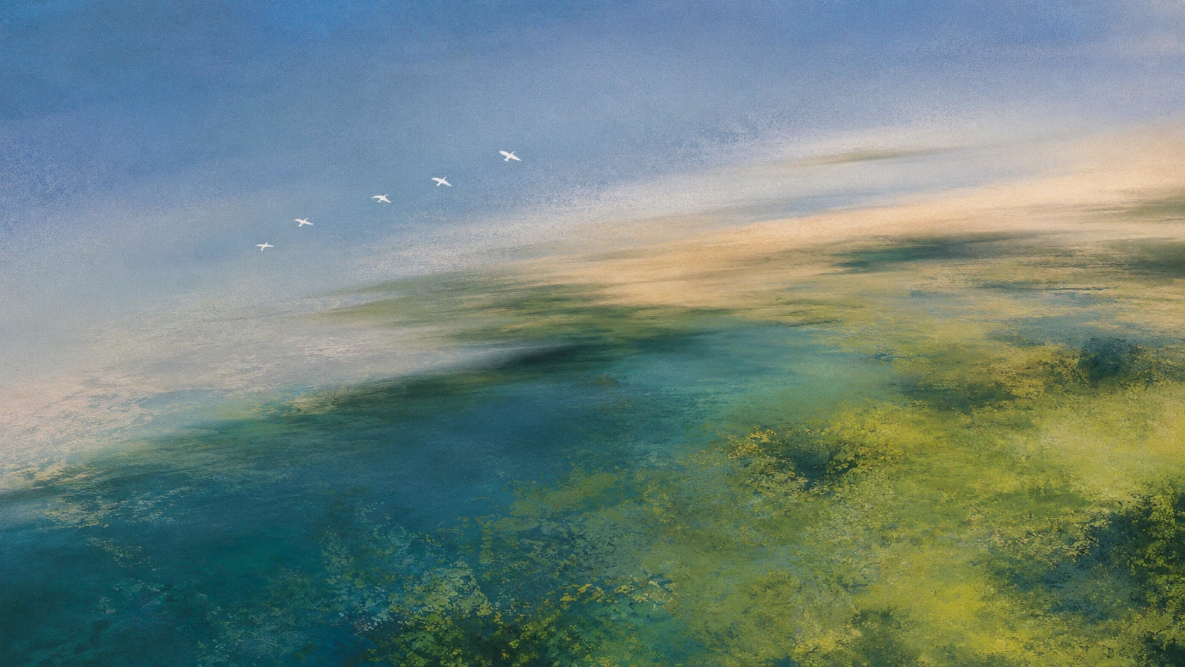 White Birds Over Teal and Green Landscape. Original explorations of open landscapes and natural color.