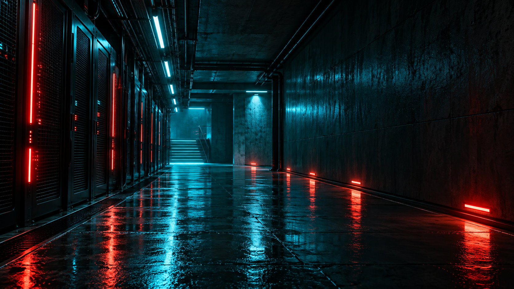 An empty underground corridor lined with dark server-like metallic panels and narrow red status lights, cyan ambient spill, reflective wet stone.