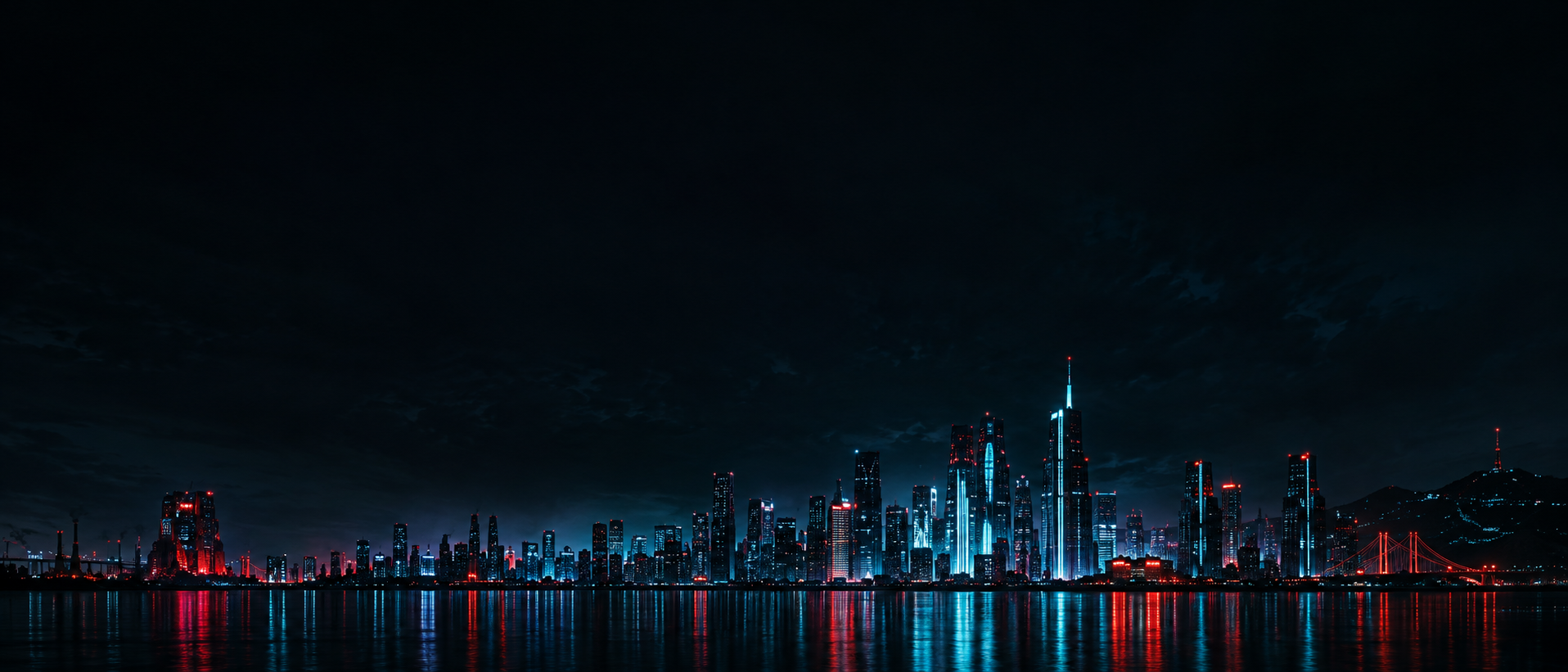 Panoramic distant cyberpunk skyline confined to the bottom quarter, tiny cyan and red practical lights reflected in black water, vast dark sky.