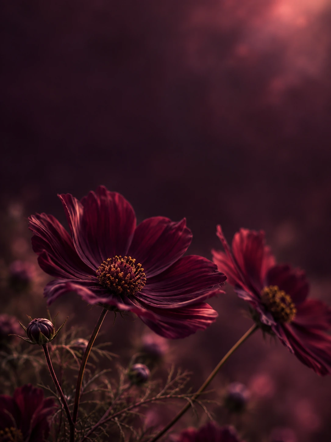 A garden of plum-toned flowers in deep shadow. Mobile hero background.