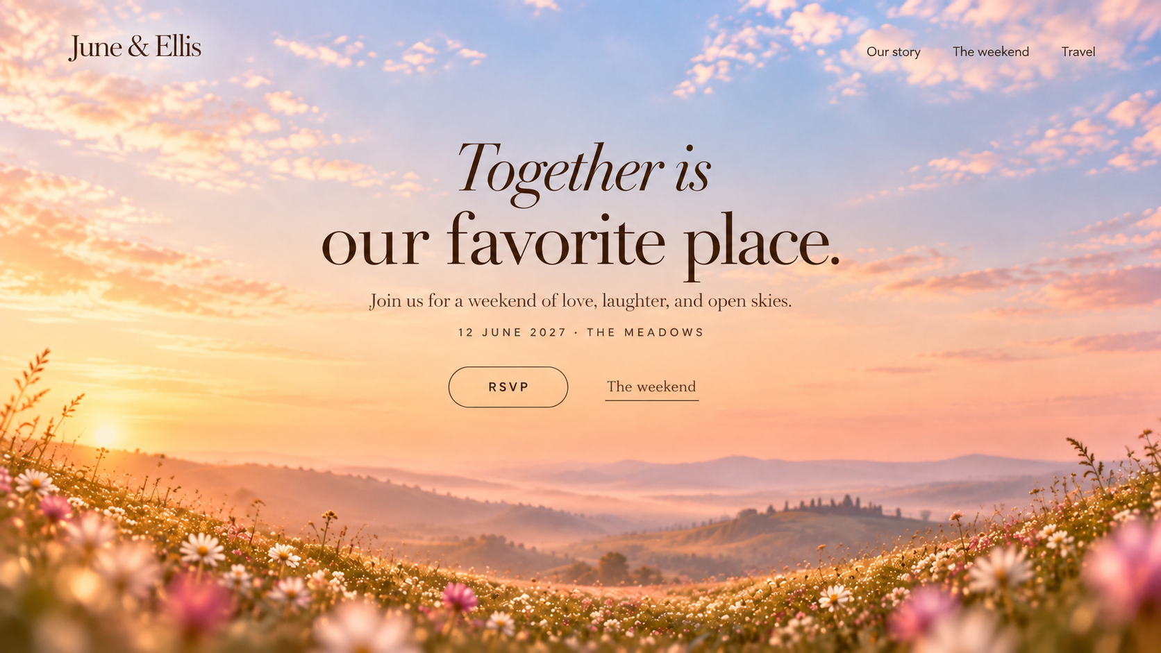 June & Ellis · Wedding invitation website. Static website hero mockup using Open meadow imagery.