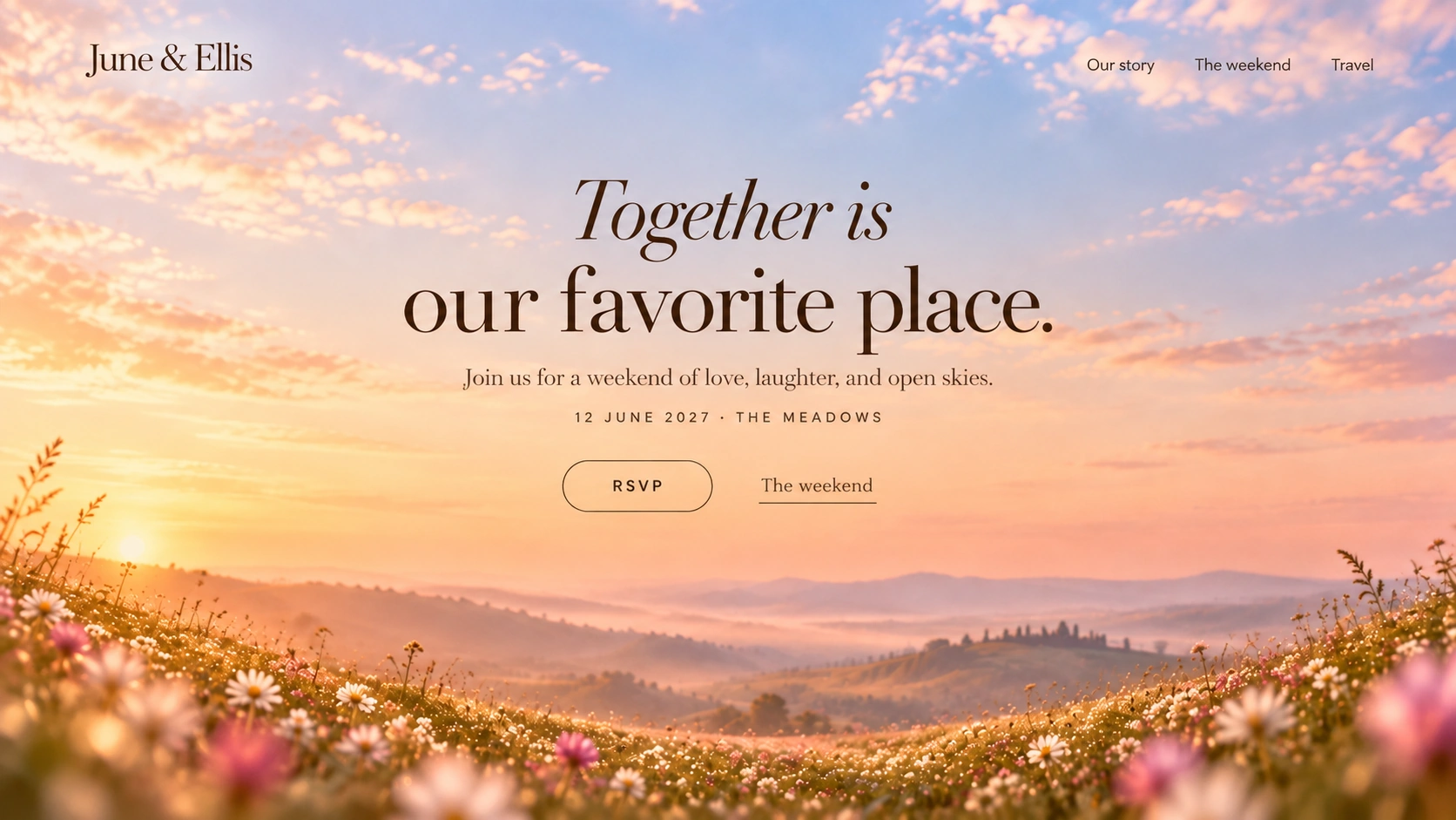June & Ellis · Wedding invitation website. Static website hero mockup using Open meadow imagery.