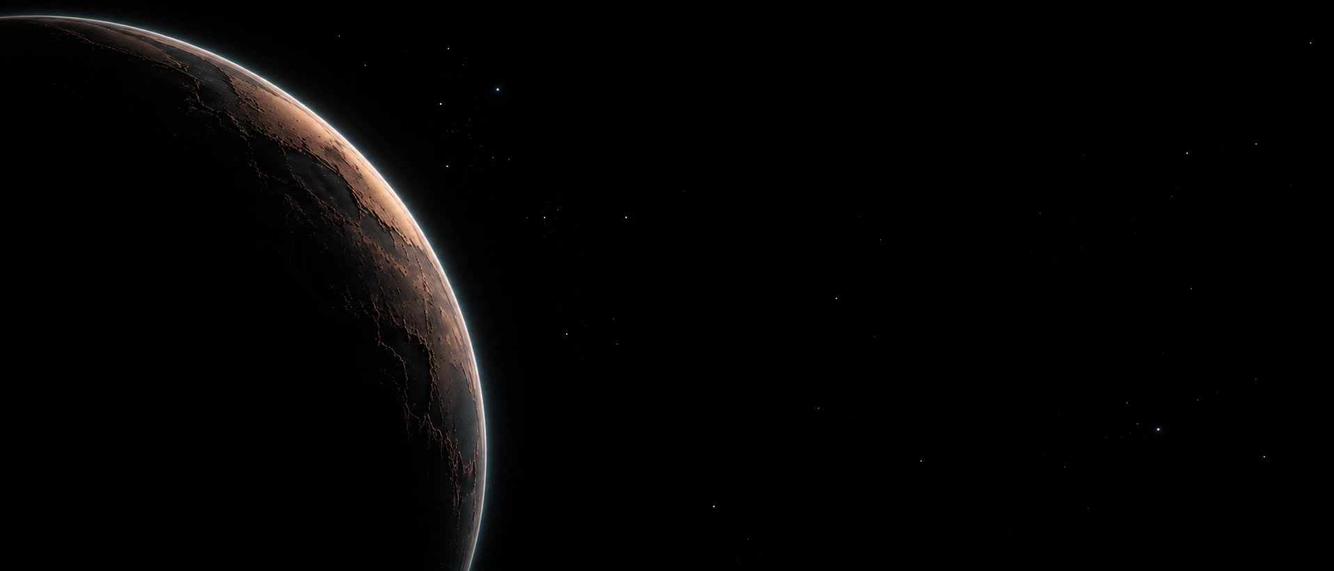 A copper planetary crescent against the vastness of space. Alternate hero with copy on right.