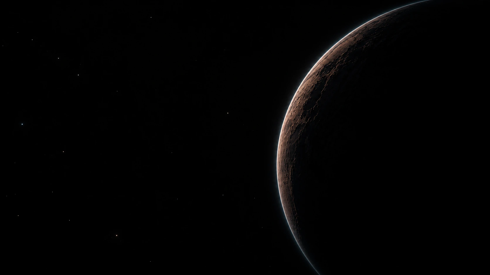 A copper planetary crescent against the vastness of space. Dark section or evening mood.
