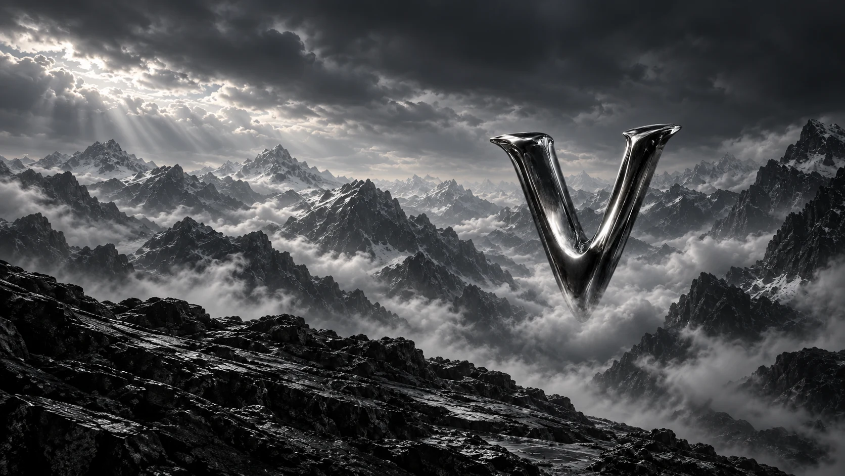 A polished chrome V above dark alpine peaks under storm clouds.