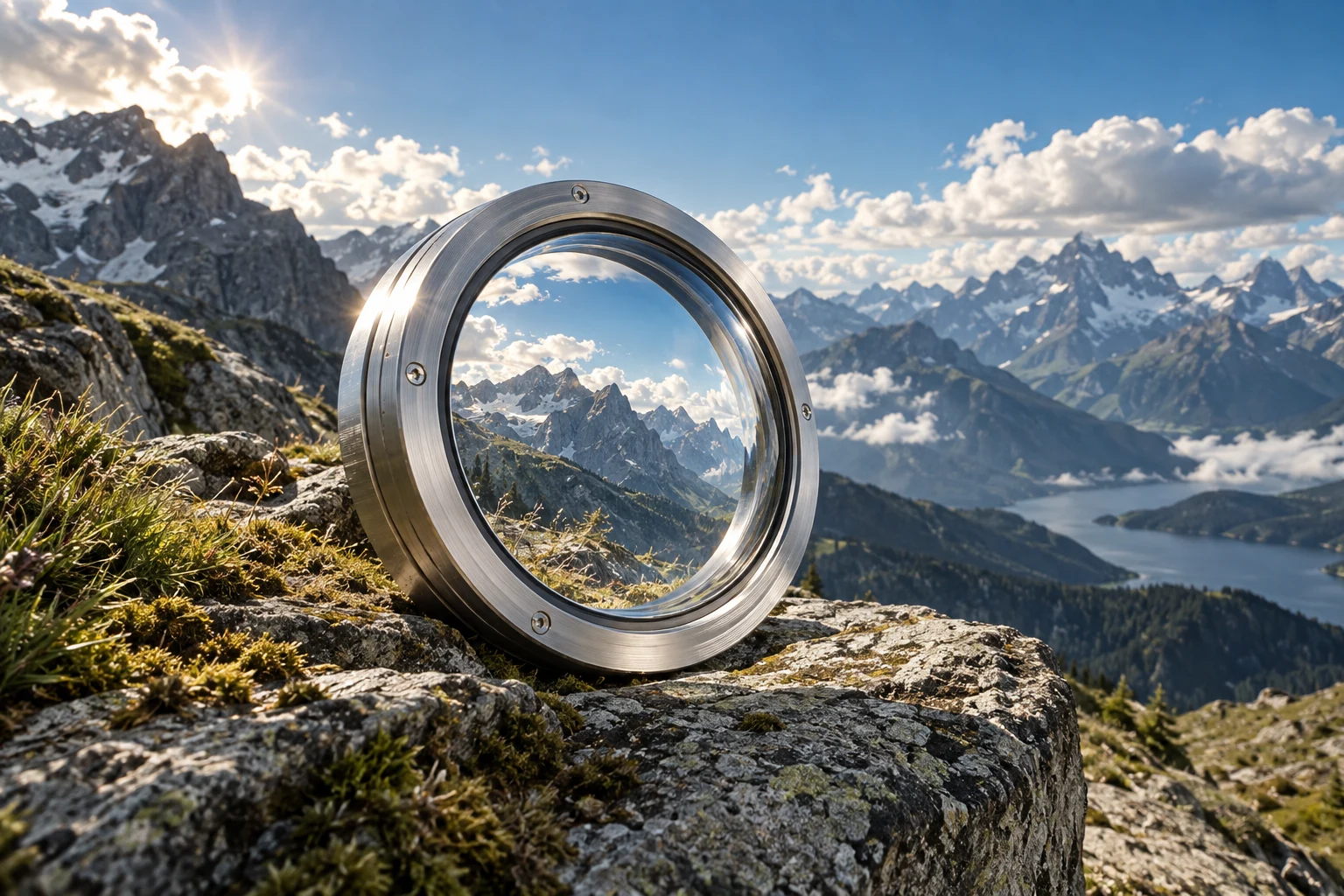 A monumental silver ring framing an alpine vista in natural daylight.