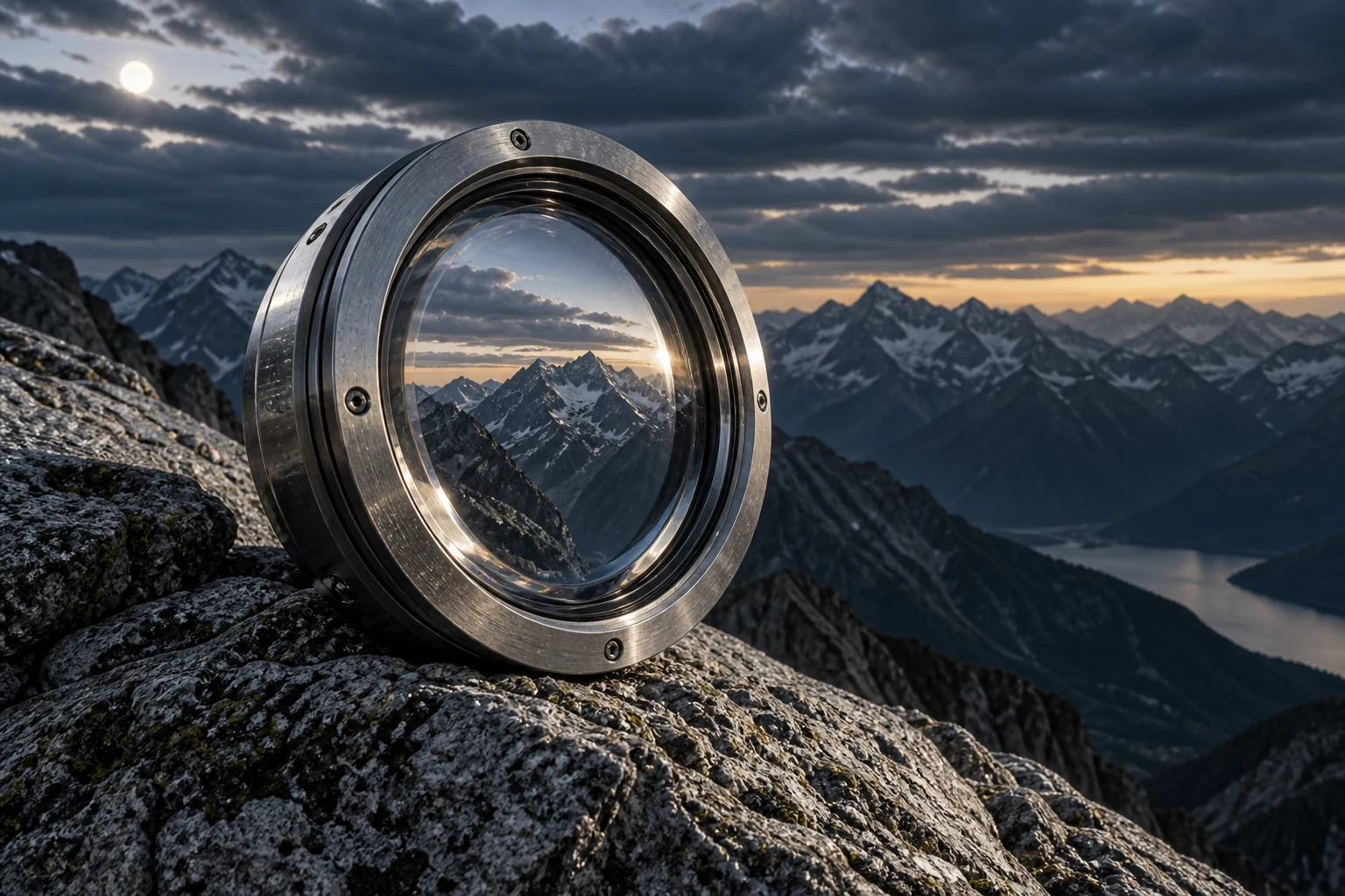 A monumental silver ring framing an alpine vista in cool blue-hour light.