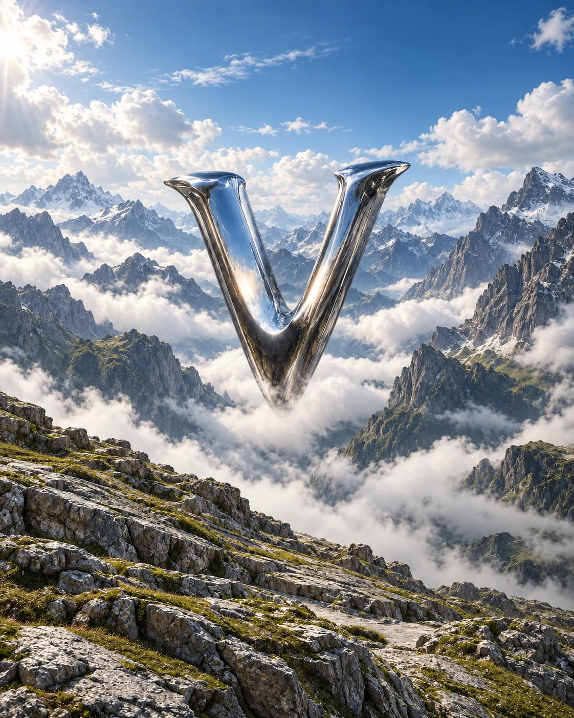 A sculptural silver V above layered alpine mountains in bright daylight.
