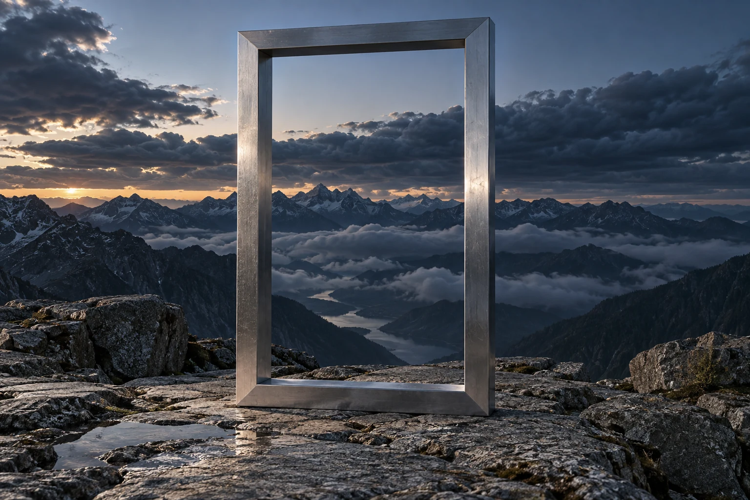 A freestanding silver rectangular frame on a mountain ledge in cool blue-hour light.